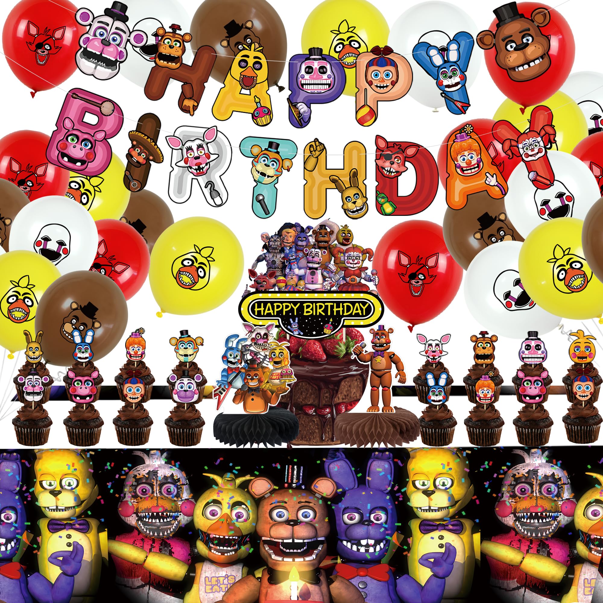 Cartoon Birthday Party Supplies Set - Happy Birthday Banner, Balloons, Cake Topper & Cupcake Toppers - Complete Party Decorations Kit for Kids Birthday Celebrations