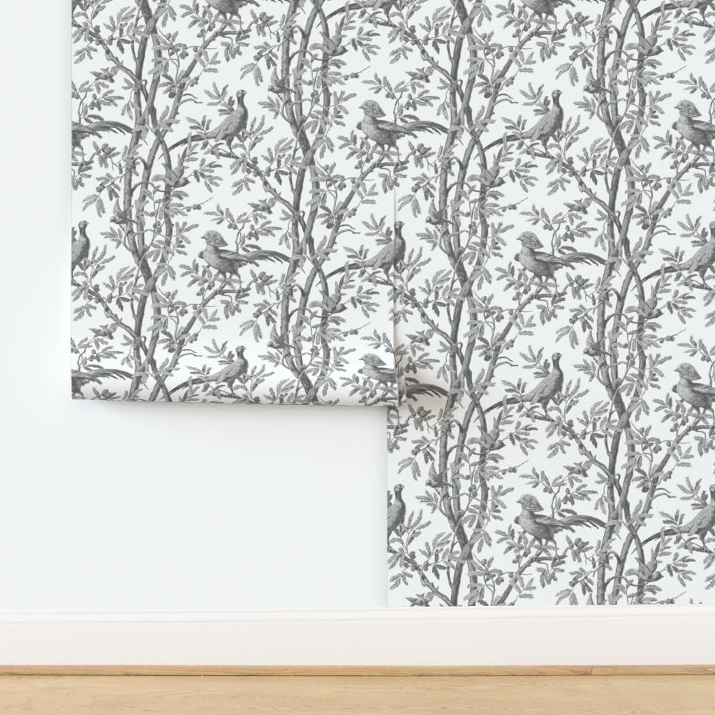 Removable Wallpaper Swatch - Gray Scale Branches Birds Trees Antique Romantic Chinoiserie Toile Custom Pre-Pasted Wallpaper | Perfect for Nursery, Bedroom & Home Office Decor | Spoonflower