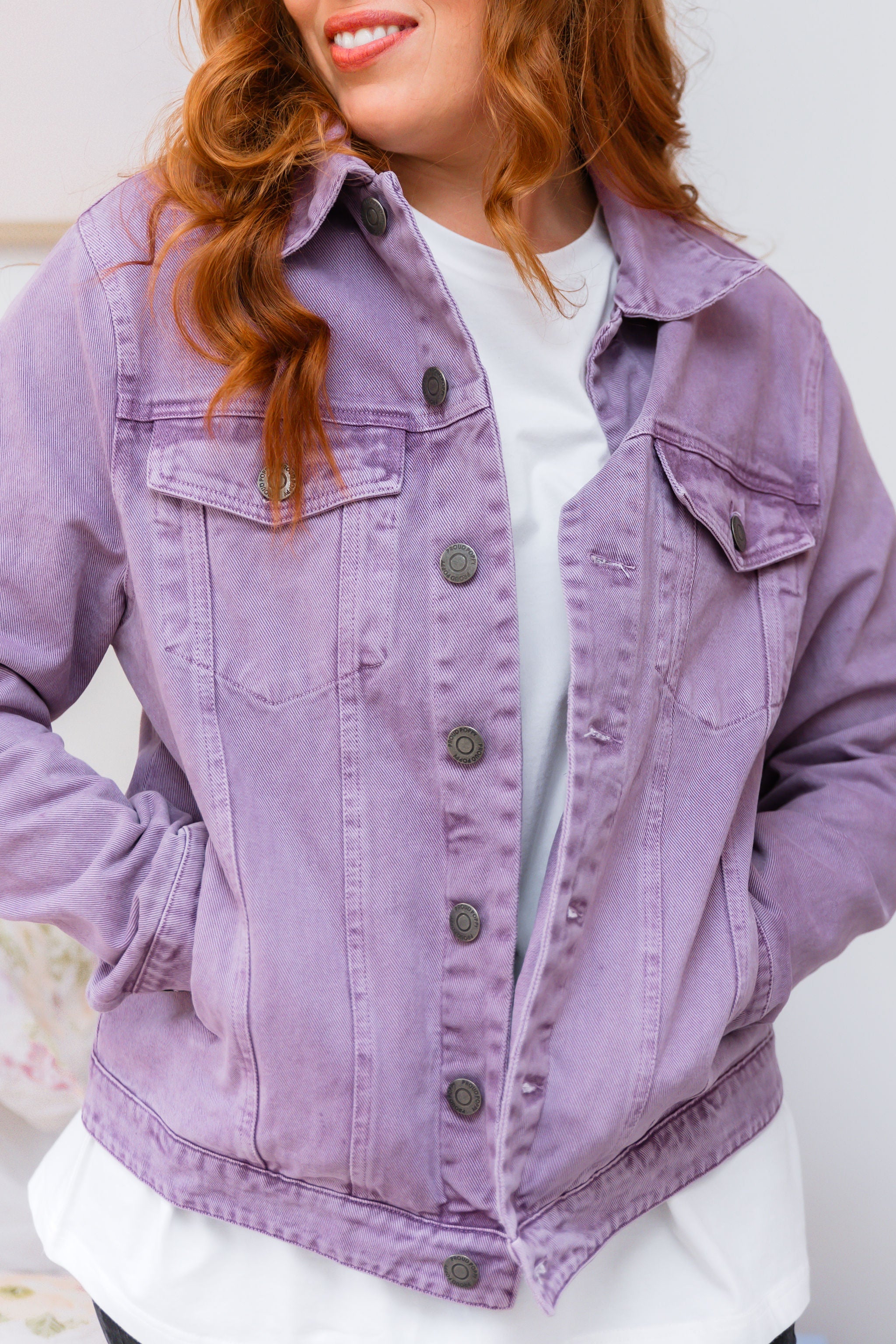 Hayden Boyfriend Denim Jacket in Washed Purple | Vintage Style Women's Distressed Denim Jacket | Perfect for Casual Outfits, Streetwear & Fall Layering
