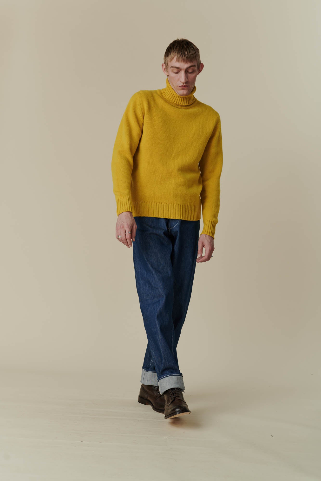 Men's Lambswool Roll Neck Sweater in Picalilli Yellow - Warm Winter Pullover for Casual Outfits & Office Wear