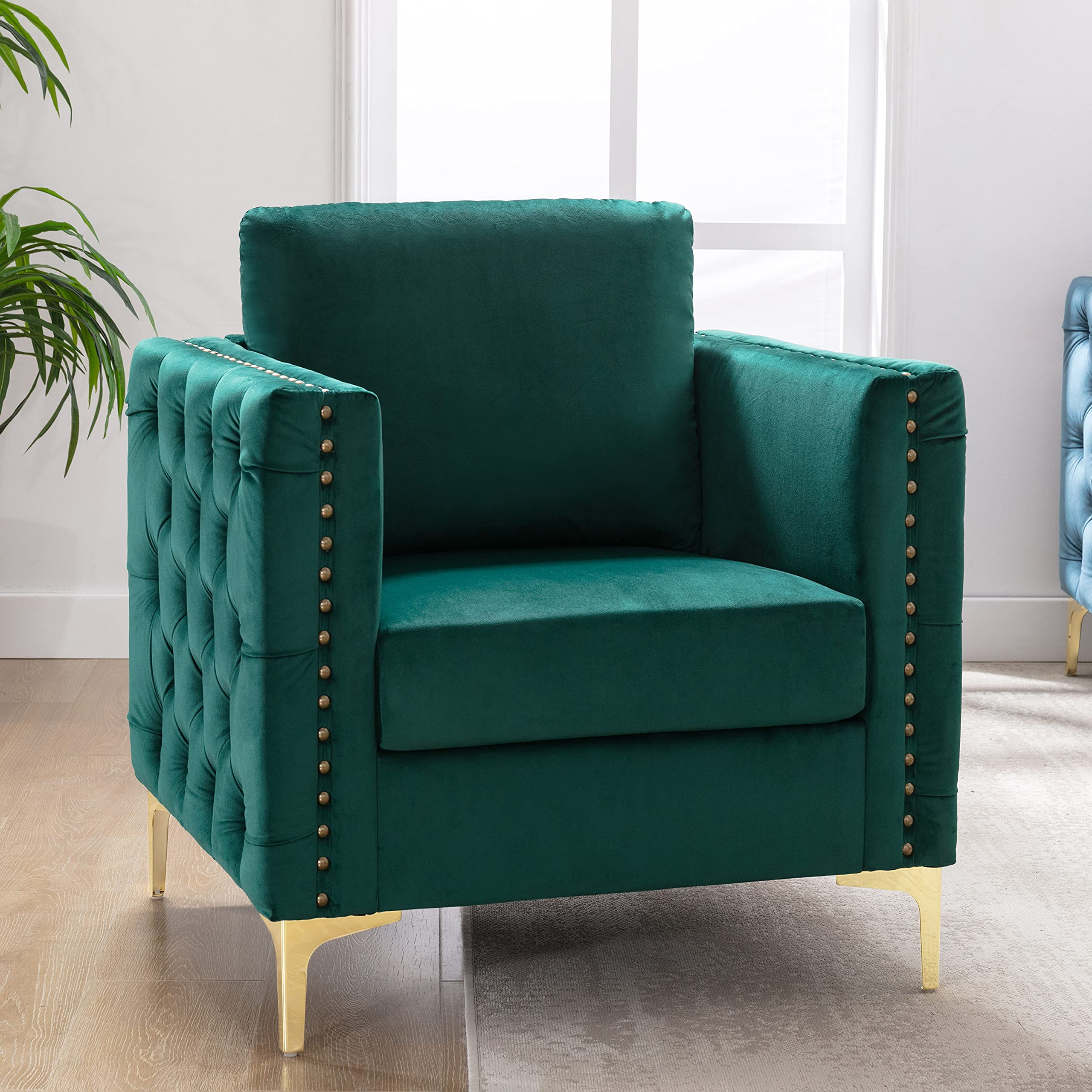 Luxury Velvet Accent Chair - Modern Tufted Club Chair with Steel Legs for Living Room, Bedroom & Office - Green Velvet Upholstered Seating - Perfect for Home Decor, Lounge & Reading Nook