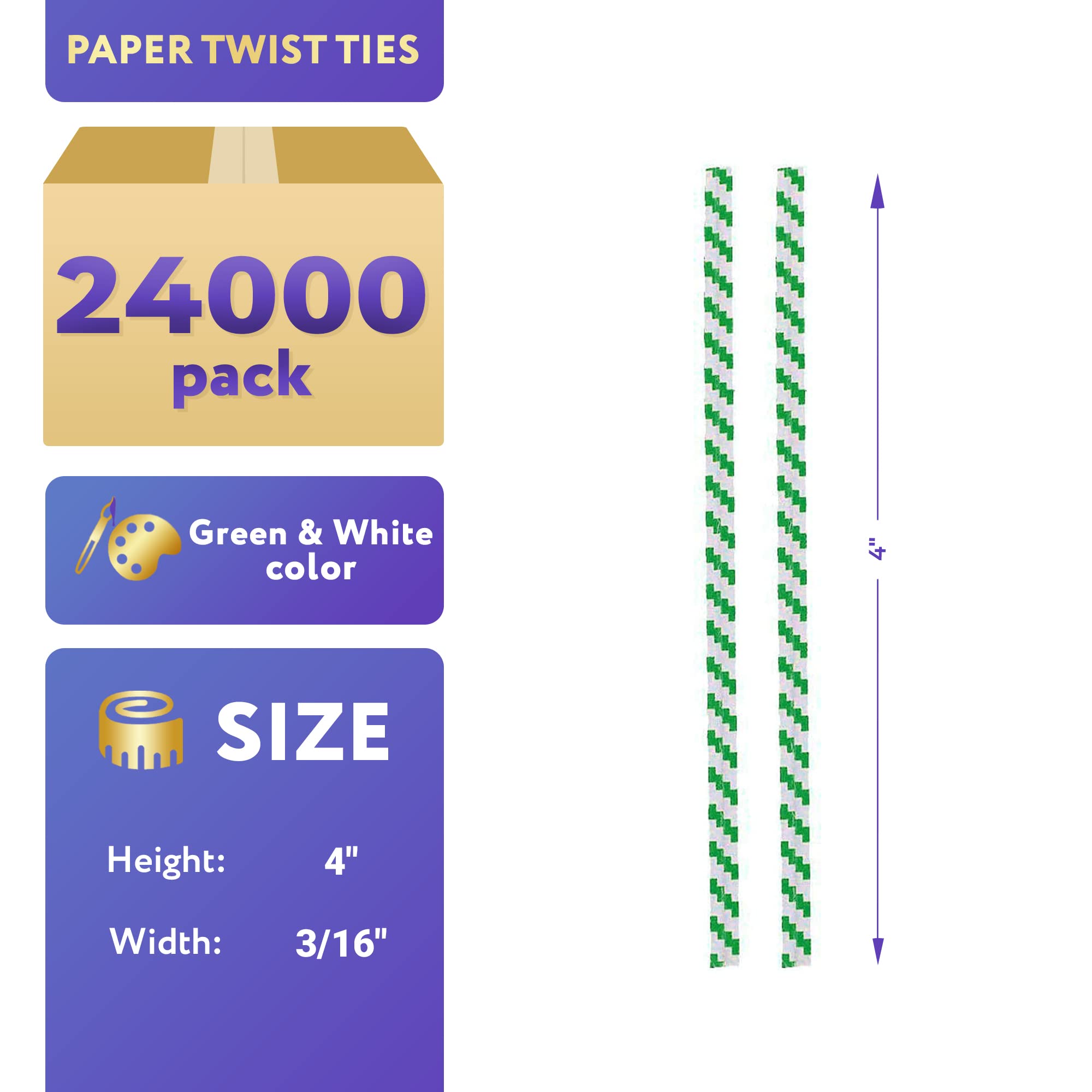 24000 Pack 4-Inch Green & White Metallic Twist Ties for Bags - Reusable Plastic-Coated Bread Ties, Heavy-Duty Twisty Ties for Treat Bags, Gift Wrapping & Food Packaging (Perfect for Bakeries, Cafes & Home Use)