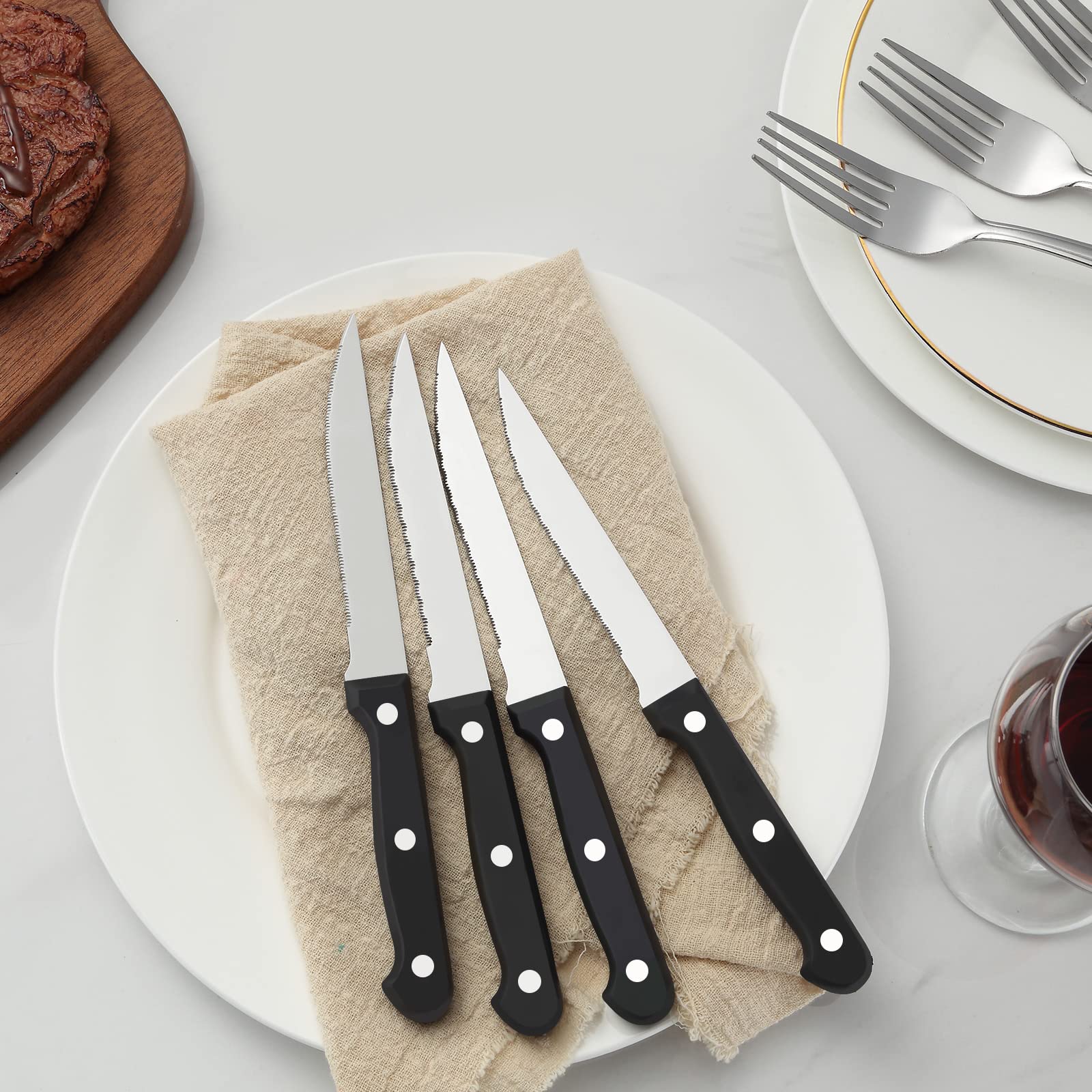 BEWOS 16-Piece Steak Knives Set - Triple Rivet Serrated Stainless Steel Blades (4.5