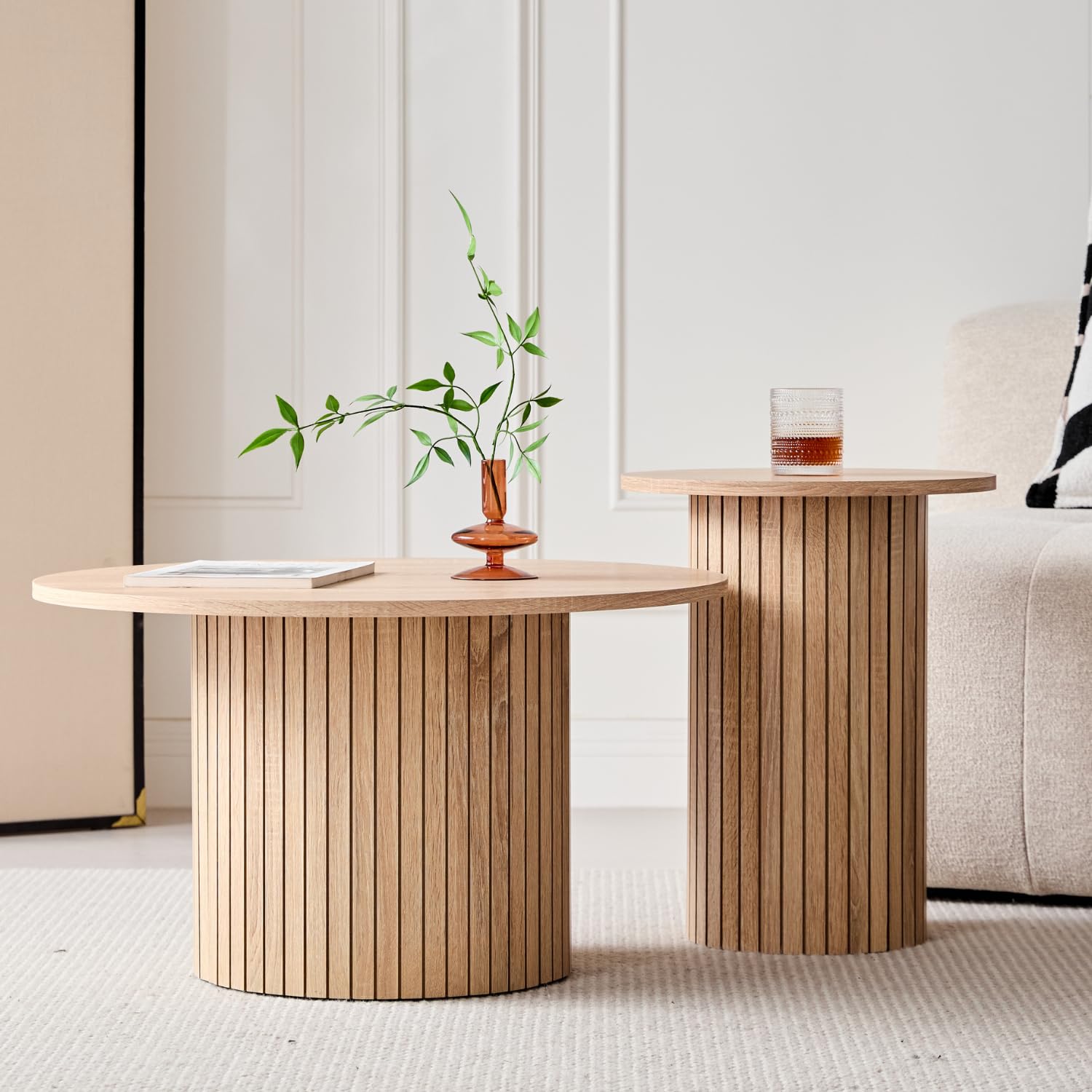 Round Nesting Coffee Tables Set of 2 - Modern Boho Fluted Drum Side Tables for Living Room, Bedroom, Office - 27.6