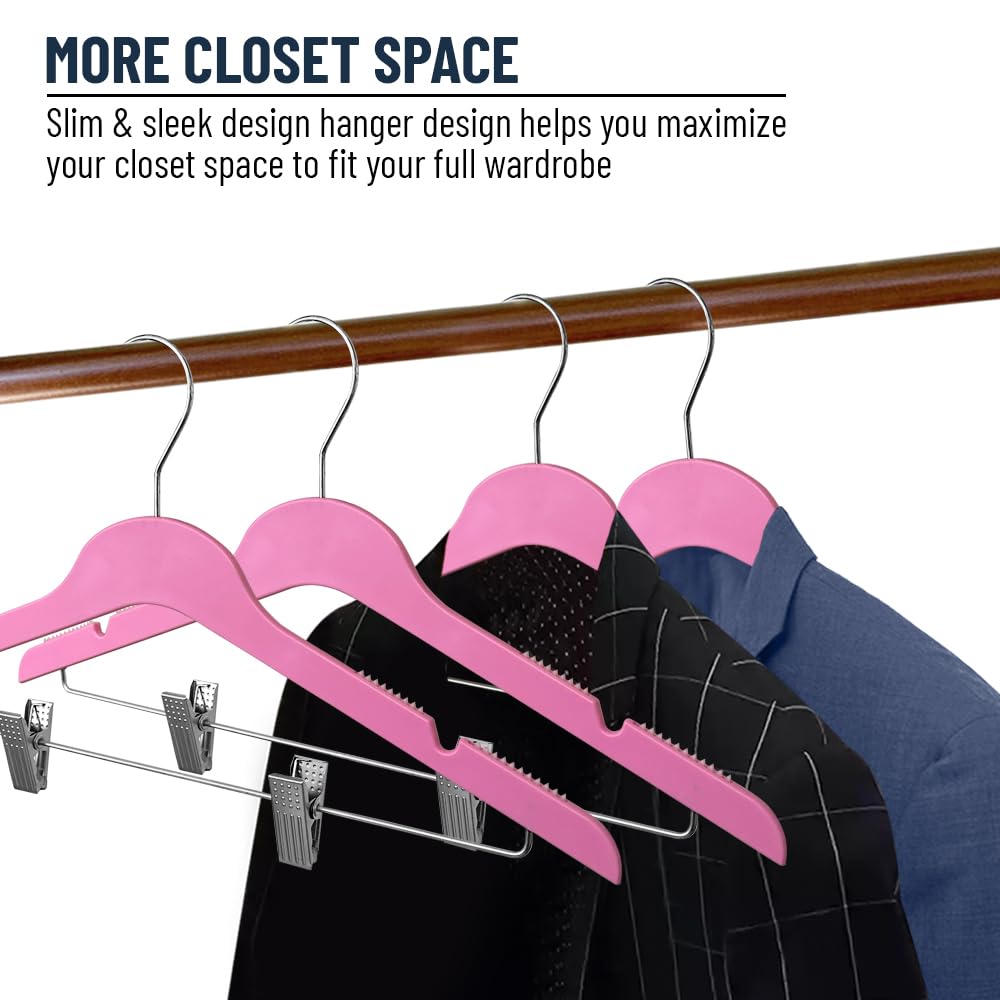 Slim Plastic Hangers with Clips - 100 Pack Space Saving Blouse & Clothes Hangers (Hot Pink) - Perfect for Closet Organization, Retail Stores & Laundry Room Storage