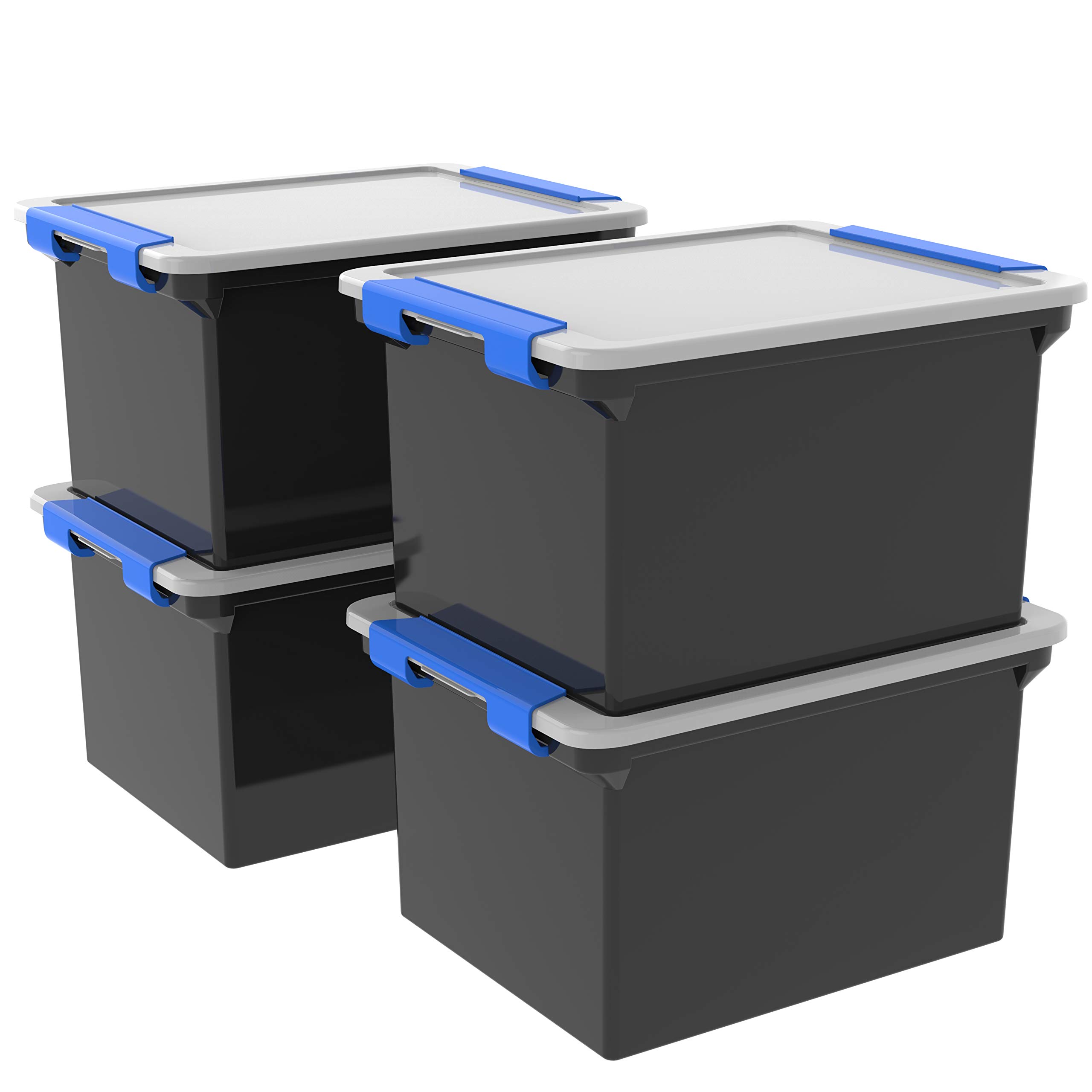 Storex Storage File Tote with Locking Handles - 4-Pack Black/Silver File Organizer for Office, School & Home - Secure Document Storage Box with Durable Handles (61543A04C)
