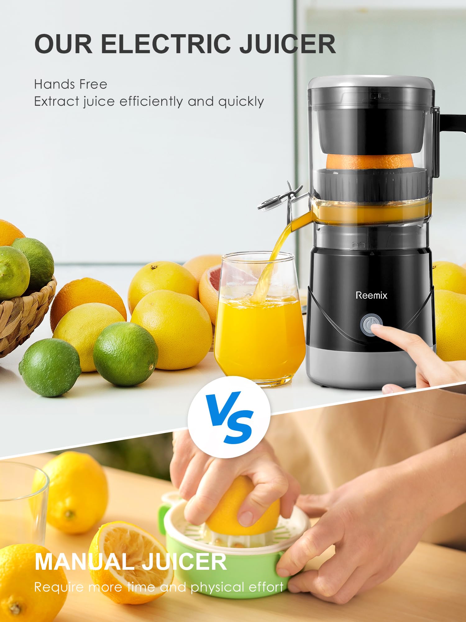 Reemix Electric Citrus Juicer - One-Touch Automatic Orange, Lemon & Grapefruit Squeezer with Cleaning Brush | Portable & Easy to Clean | Perfect for Breakfast, Juice Bars & Healthy Home Cooking