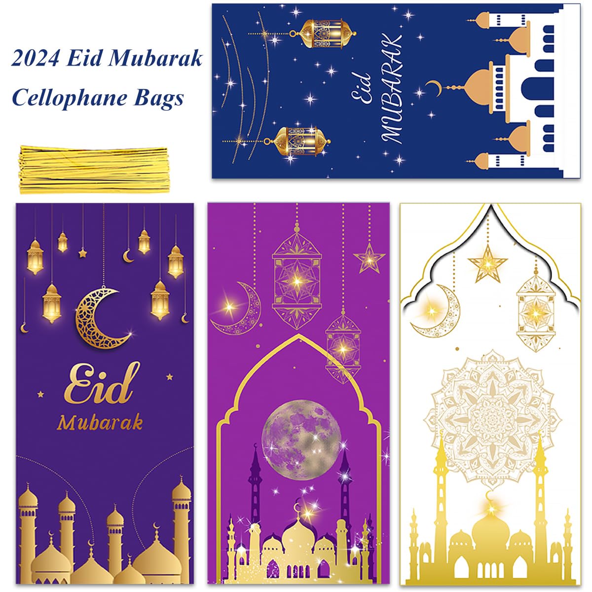 Artby7 Ramadan Cellophane Treat Bags - Eid Moon Cookie Candy Goodie Bags with Twist Ties - Perfect for Eid Mubarak Party Supplies & Holiday Celebrations