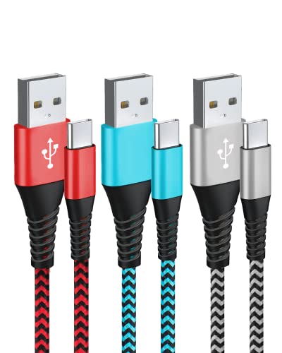 3-Pack 6.6ft USB C Fast Charging Cable - Nylon Braided Type C Charger for Samsung Galaxy S21/S20/S10/S9/S8, Pixel, Huawei, PS5 Controller - Silver, Blue, Red (Perfect for Gaming, Travel & Home Charging)