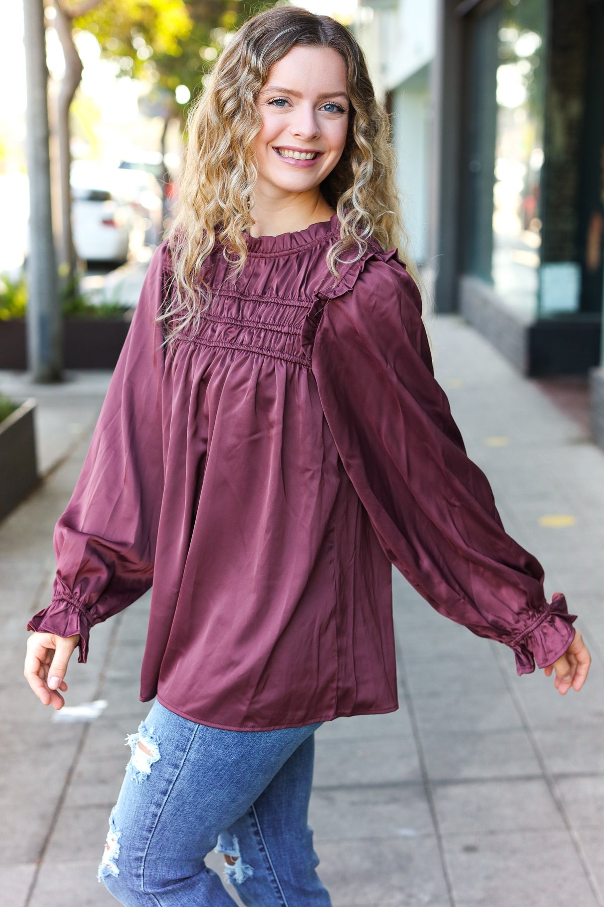 Stylish Wine Satin Shirred Yoke Frilled Mock Neck Top for Women | Elegant Blouse for Date Night, Parties & Special Occasions