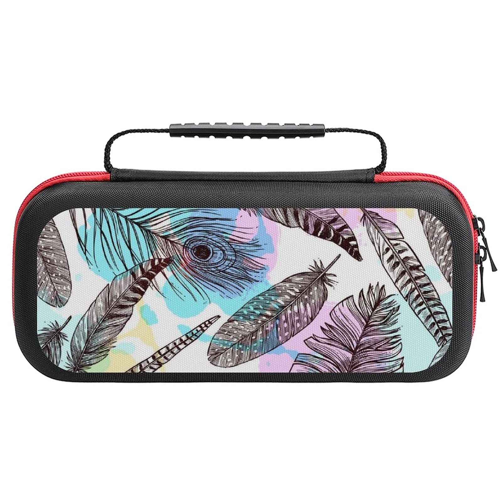 Colorful Bird Feather Printed Nintendo Switch Lite Carrying Case - Travel Storage Bag for Switch Lite Console & Accessories - Perfect for Gaming on the Go, Commuting, and Travel Protection