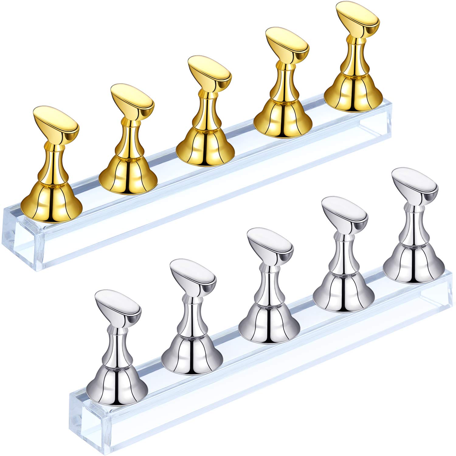 2 Sets Acrylic Nail Display Stand - Magnetic Nail Tip Practice Holder for DIY Manicure & Nail Art - Gold & Silver False Nail Practice Stand - Perfect for Salon Professionals & Home Nail Enthusiasts
