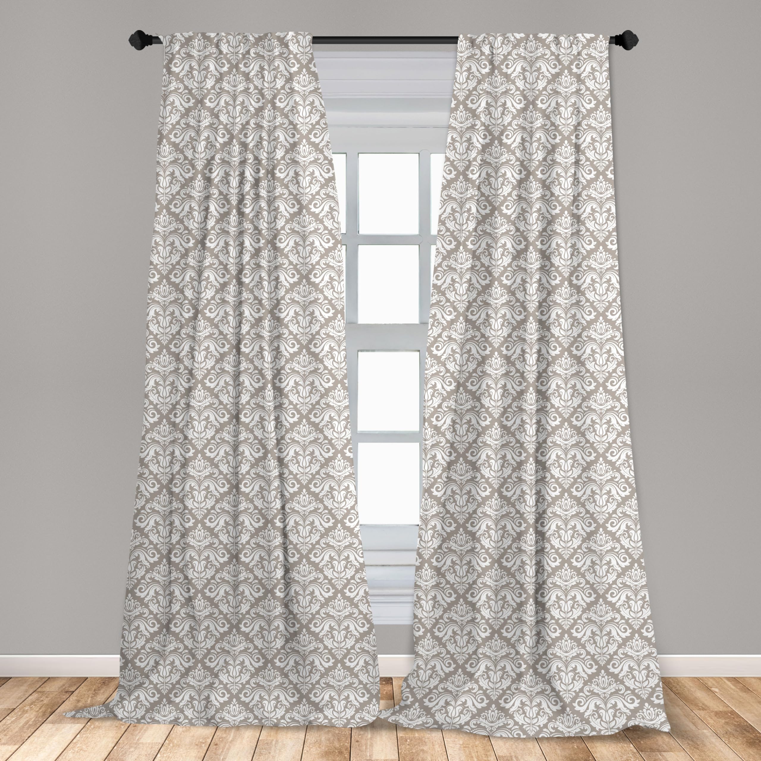 Ambesonne Damask Window Curtains - Oriental Design Swirled Leaf Motif, Lightweight 2-Panel Set with Rod Pocket, 28
