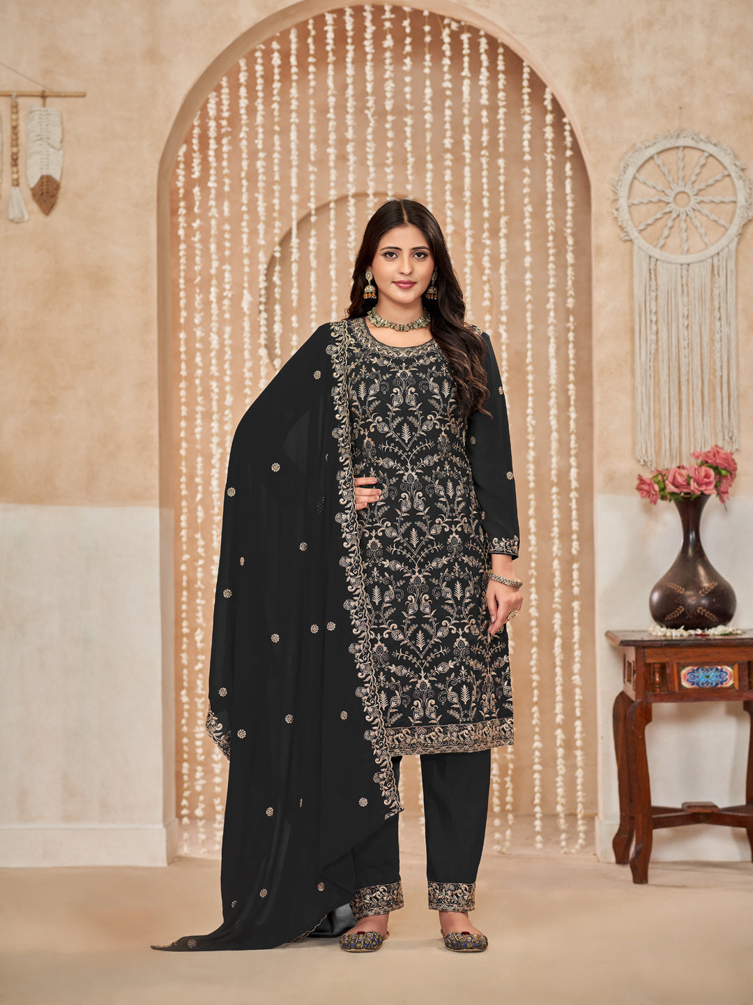 Elegant Black Designer Party Wear Semi Stitched Pant Suit with Exquisite Embroidery - Perfect for Weddings, Evening Events & Special Occasions