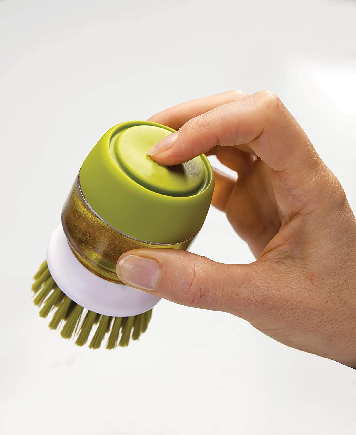 QONETIC Kitchen Sink Cleaning Brush with Built-in Soap Dispenser - Dish Scrubber with Storage Stand Holder, Palm Scrub Brush for Washing Dishes - Perfect for Kitchen, Bathroom, and Outdoor Cleaning (SDWB.01)