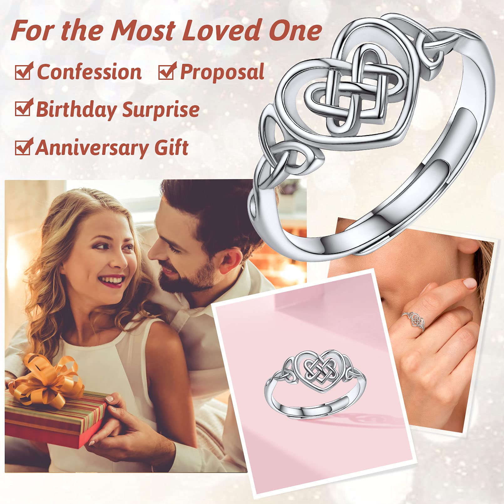 Celtic Knot Sterling Silver Rings for Women - Adjustable Vintage Heart Ring - Elegant Eternity Band - Perfect for Weddings, Anniversaries & Everyday Jewelry