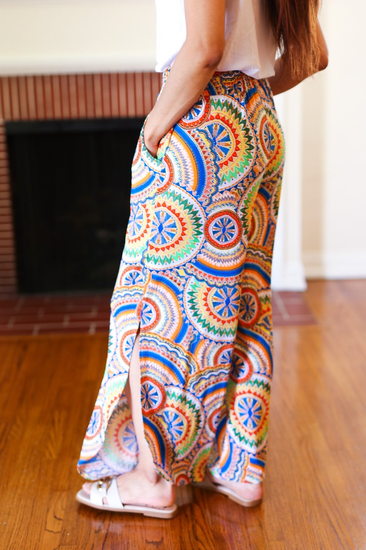 Stylish Multicolor Mandala Print Smocked Waist Palazzo Pants with Side Slits - Perfect for Yoga, Beach Vacations & Boho Fashion Outfits