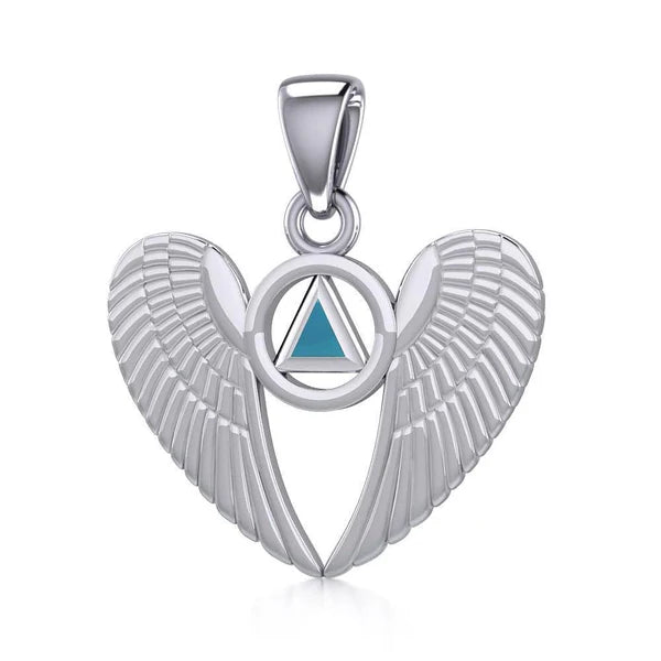 Angel Wings Sterling Silver Pendant with Inlaid Recovery Symbol - Elegant Jewelry for Healing & Inspiration - Perfect for Gifts, Recovery Milestones & Spiritual Wear