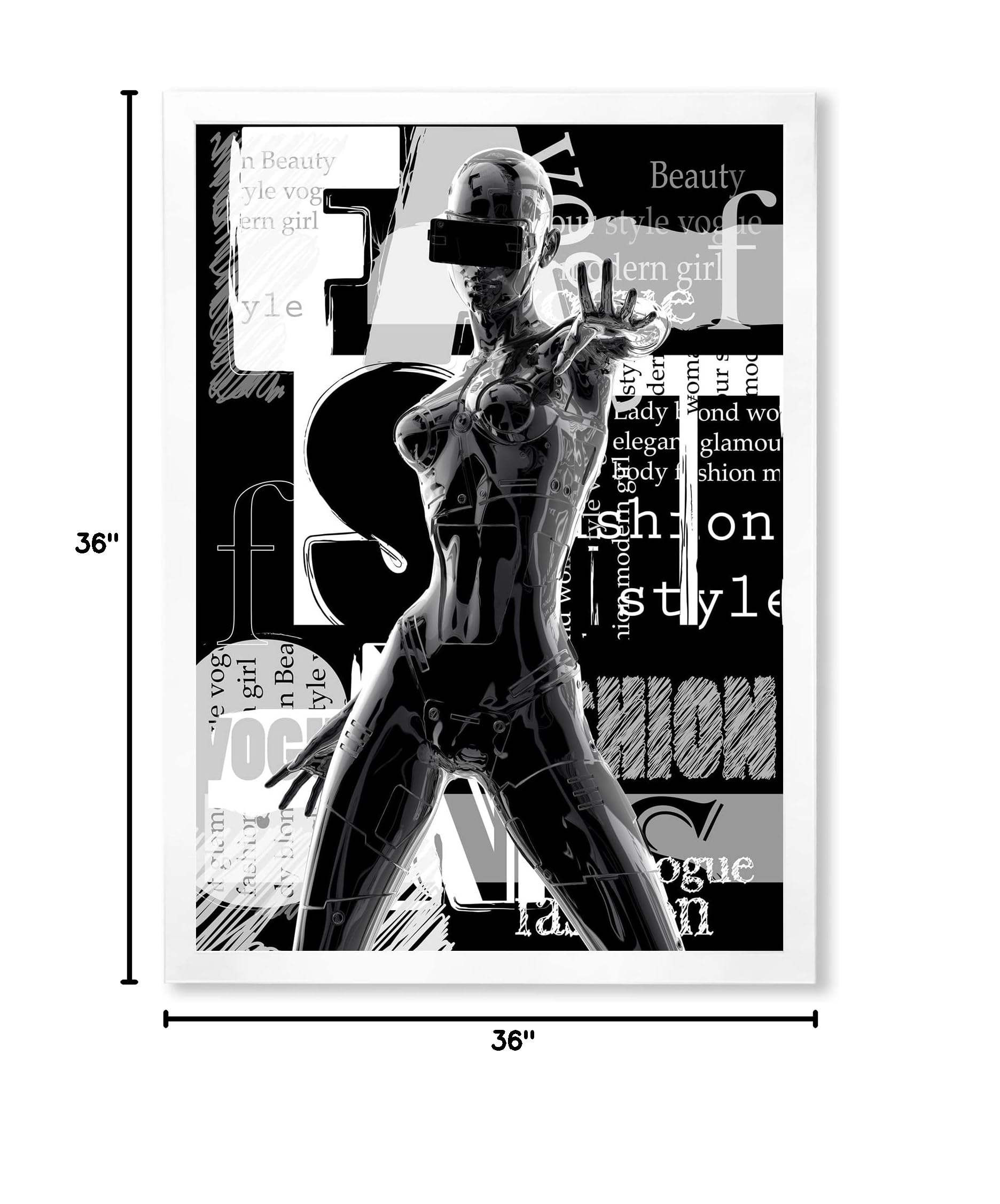 DesignQ Monochrome Cyborg Body II Modern Framed Wall Art Print - Futuristic Home & Office Decor for Living Room, Bedroom, or Studio