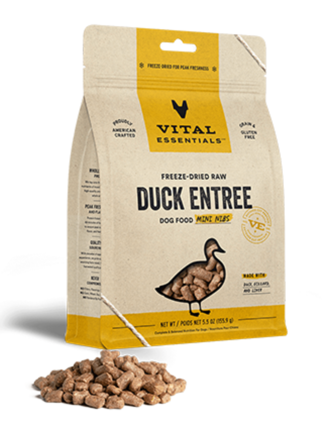 Vital Essentials Freeze-Dried Raw Duck Entree Mini Nibs Grain-Free Dog Food - High Protein Natural Treats for Small & Medium Dogs, Perfect for Training & Travel Snacks