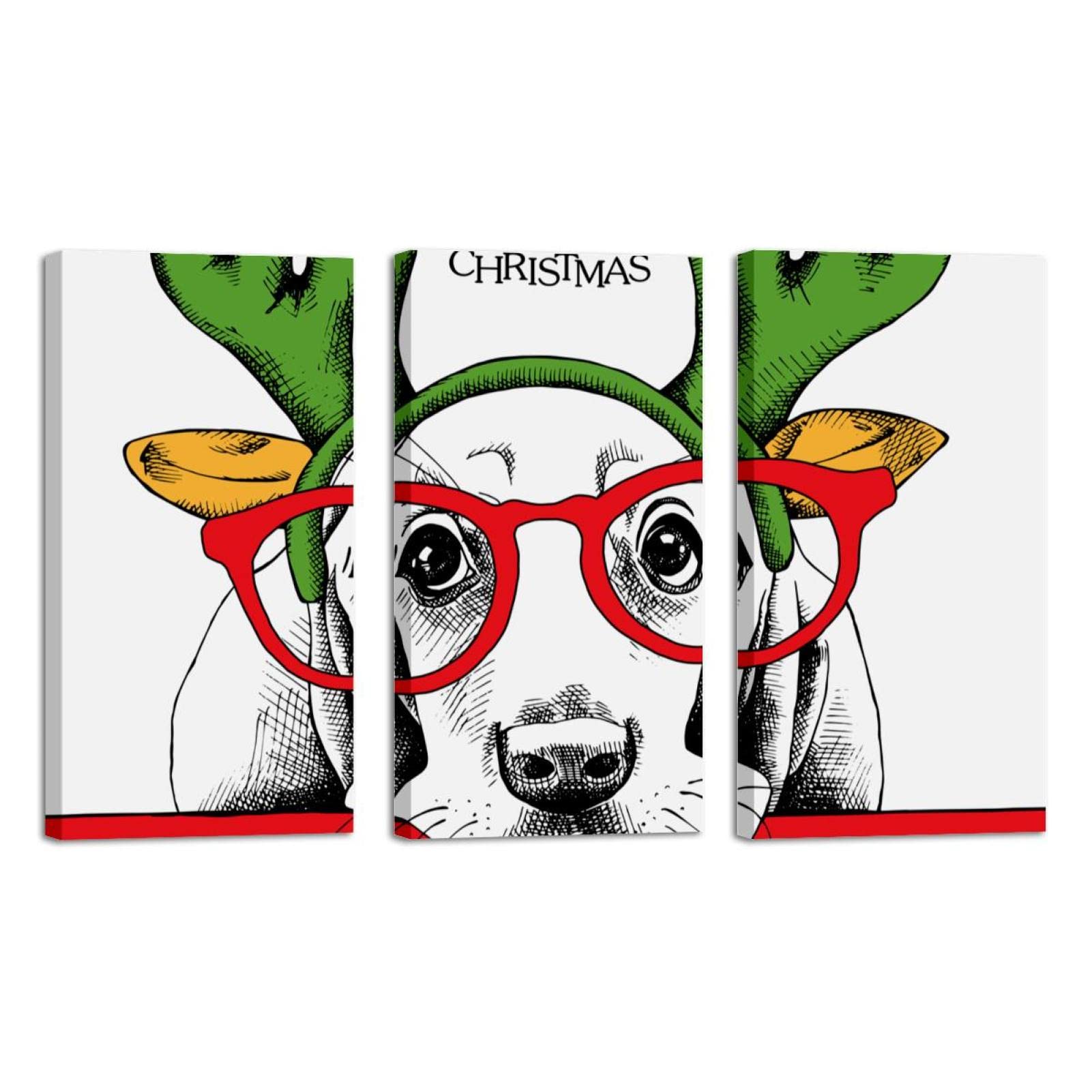 3 Panel Framed Canvas Wall Art - Christmas Basset Hound Oil Painting Dog Portrait - Home & Office Decor (8x16 Inches) - Perfect for Holiday Gifts, Living Room, Bedroom & Office Wall Decoration