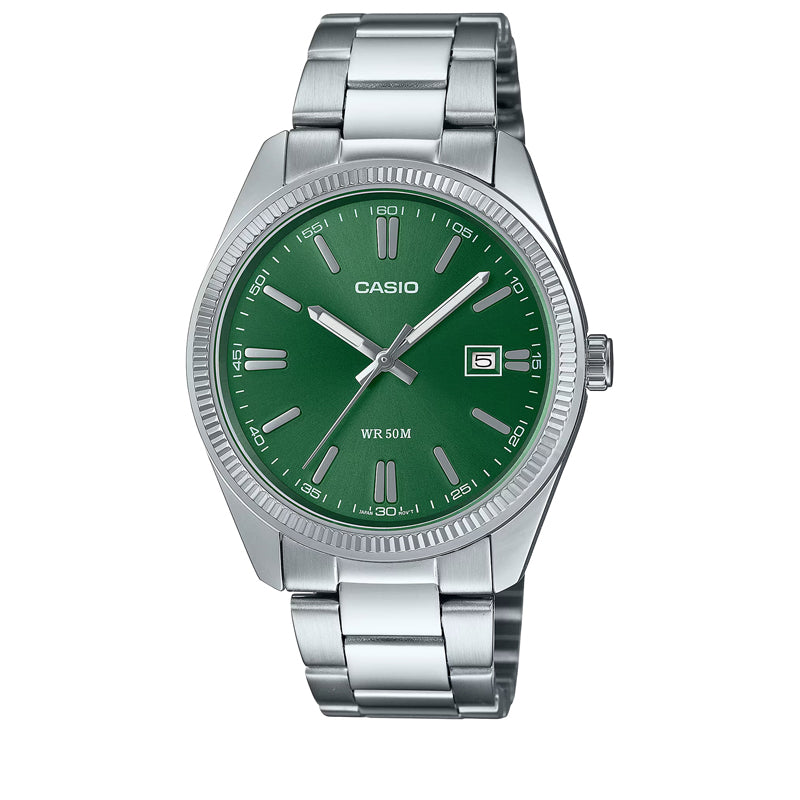Casio Stainless Steel Analog Watch for Men - Water Resistant Green Dial with Date Display - Perfect for Outdoor Activities, Sports & Casual Wear