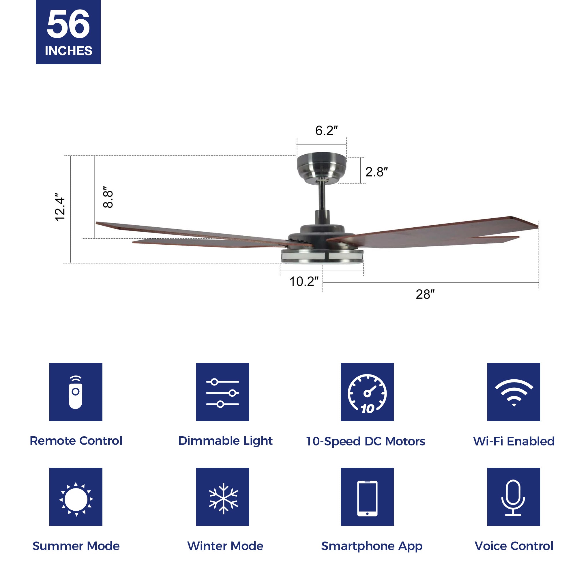 Smart Ceiling Fan with LED Light & Remote Control - 56 Inch Indoor/Outdoor Explorer Model - Perfect for Living Rooms, Bedrooms, and Patios
