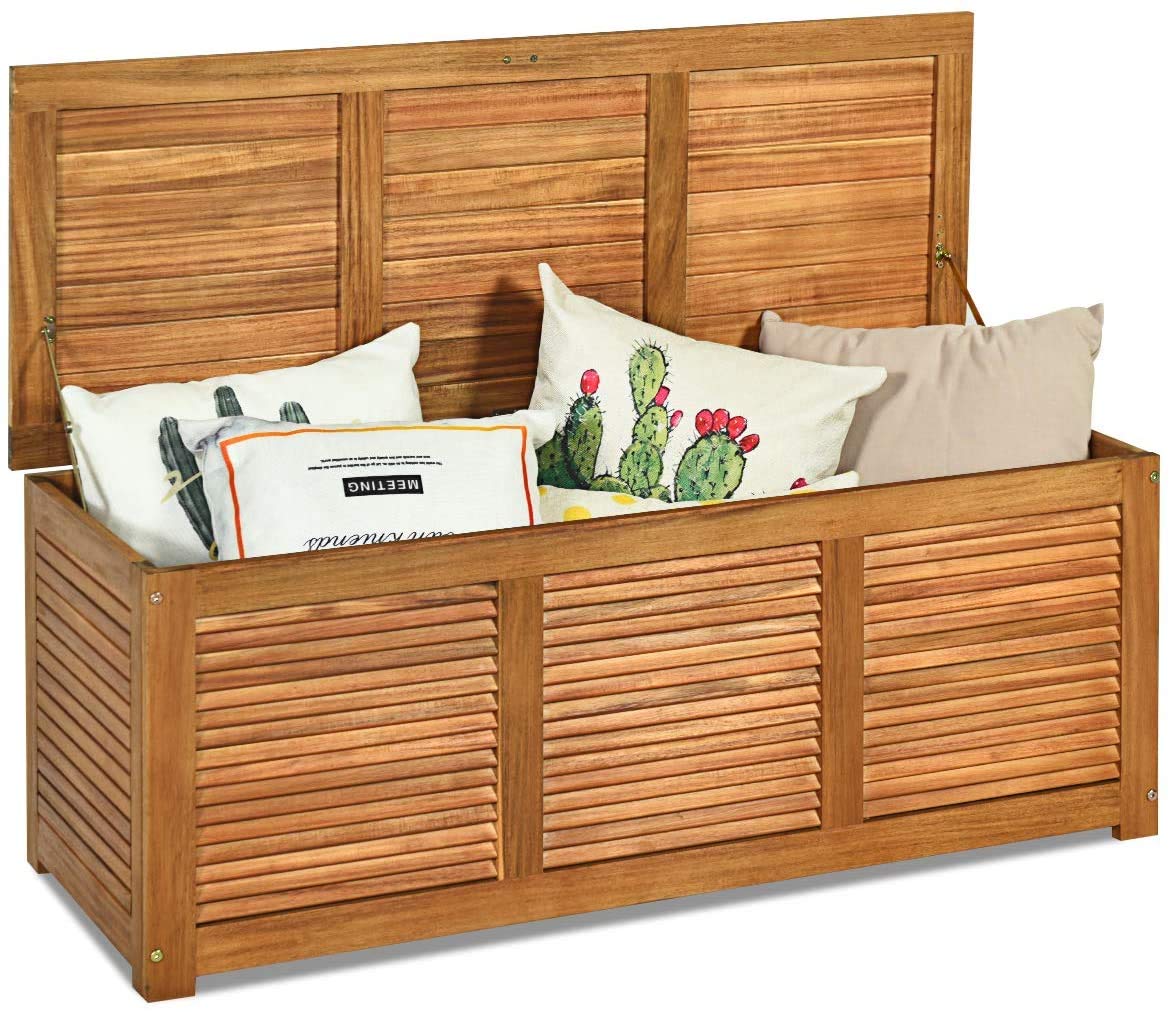 LDAILY Mocha Garden Backyard Storage Bench - Large Acacia Wood Deck Box with Lid - Outdoor Patio Furniture Cushion & Gardening Tool Organizer - Perfect for Backyard, Deck, and Garden Storage Solutions