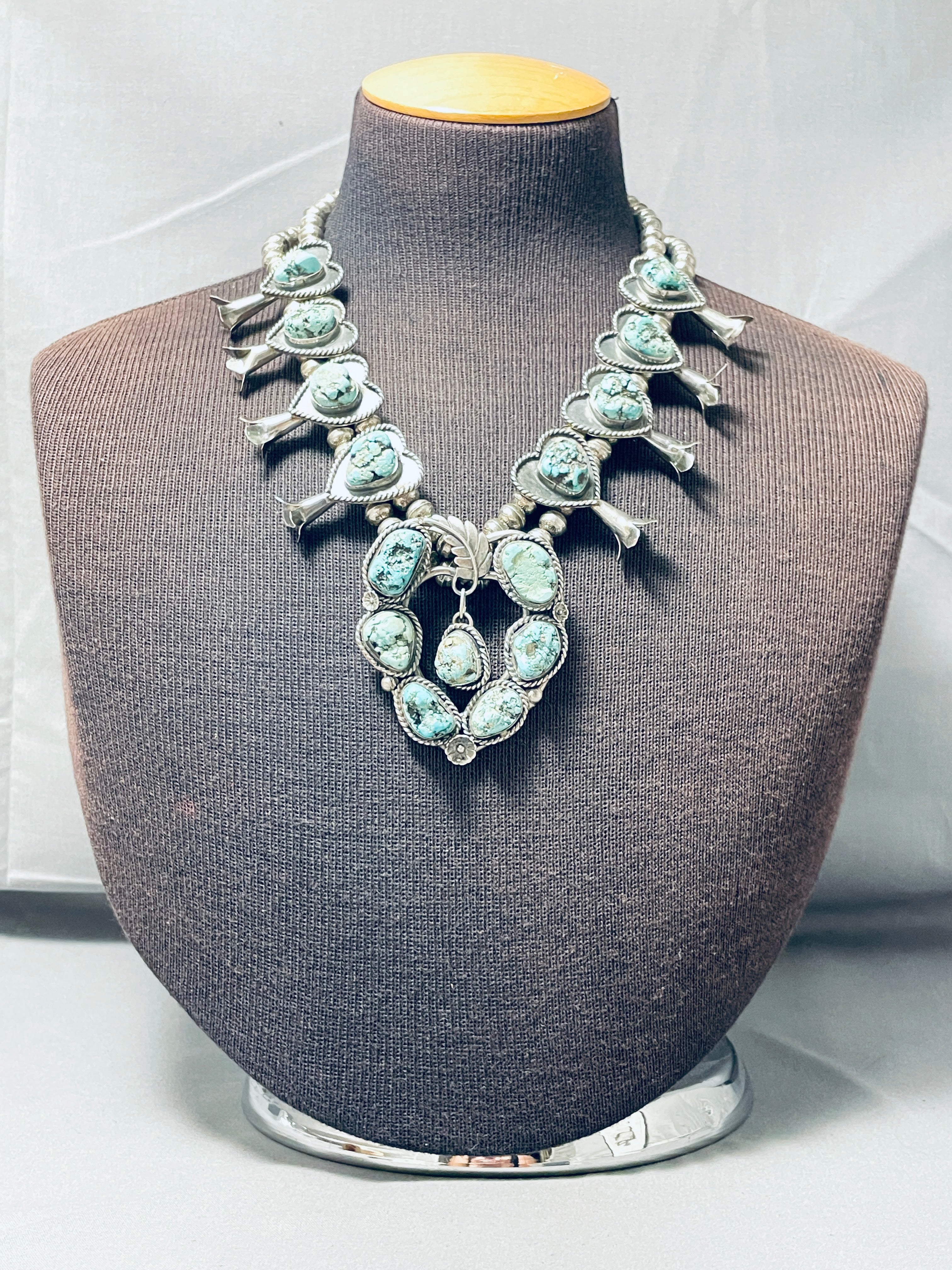 191 Gram Vintage Native American Navajo Turquoise Sterling Silver Squash Blossom Necklace - Handcrafted Jewelry for Women, Perfect for Boho Fashion, Weddings & Special Occasions