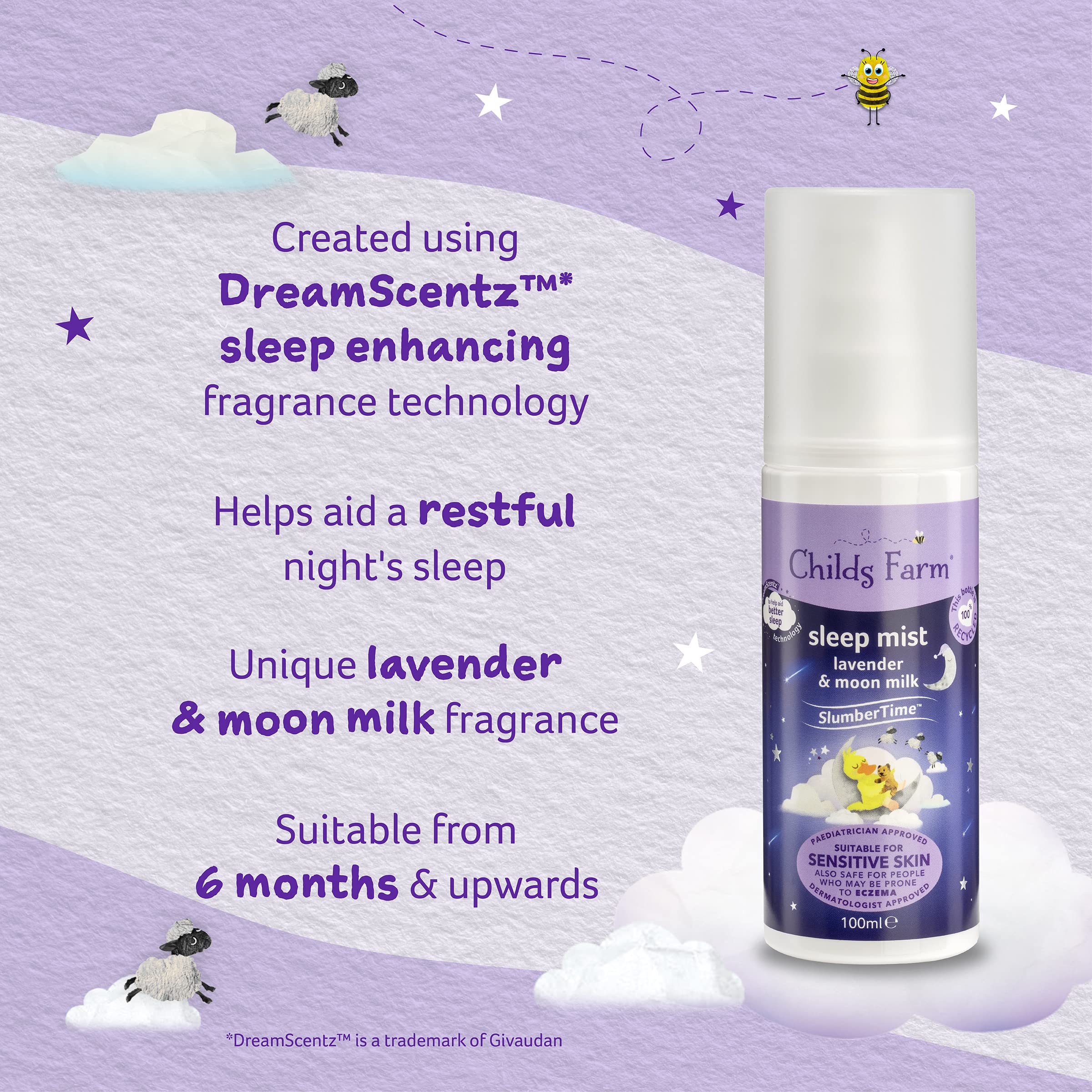 Child's Farm SlumberTime Sleep Mist - Lavender & Moon Milk for Babies with Dry, Sensitive, Eczema-Prone Skin | 100ml | Calming Bedtime Routine, Nursery Relaxation, Baby Sleep Aid