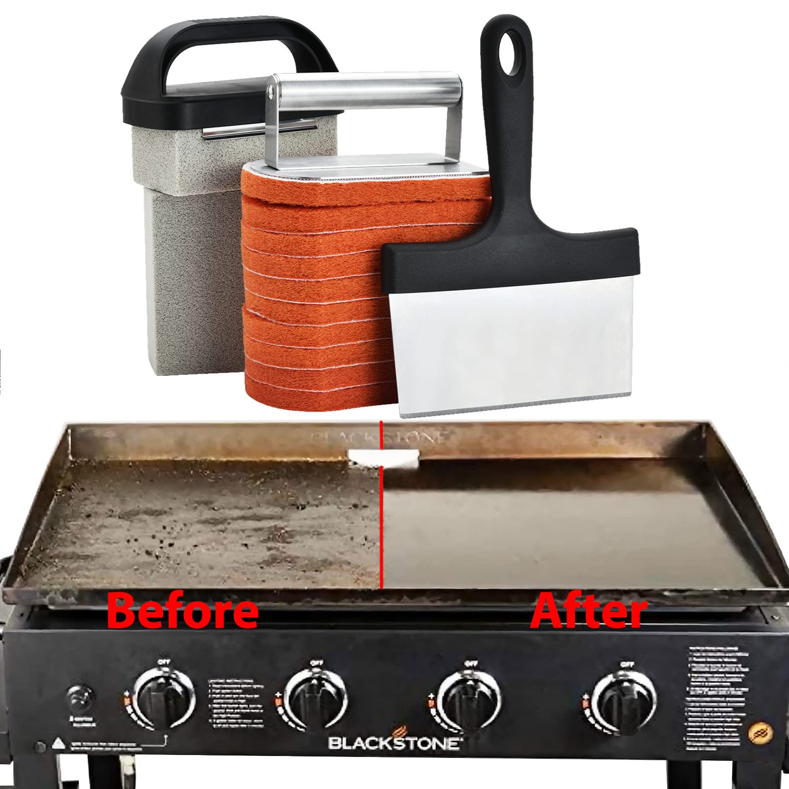 **15-Piece Heavy Duty Blackstone Griddle Cleaning Kit - Grill Stone, Scraper & Stainless Steel Brush for Flat Top Grills - Perfect for Outdoor BBQ & Camping Cooking**