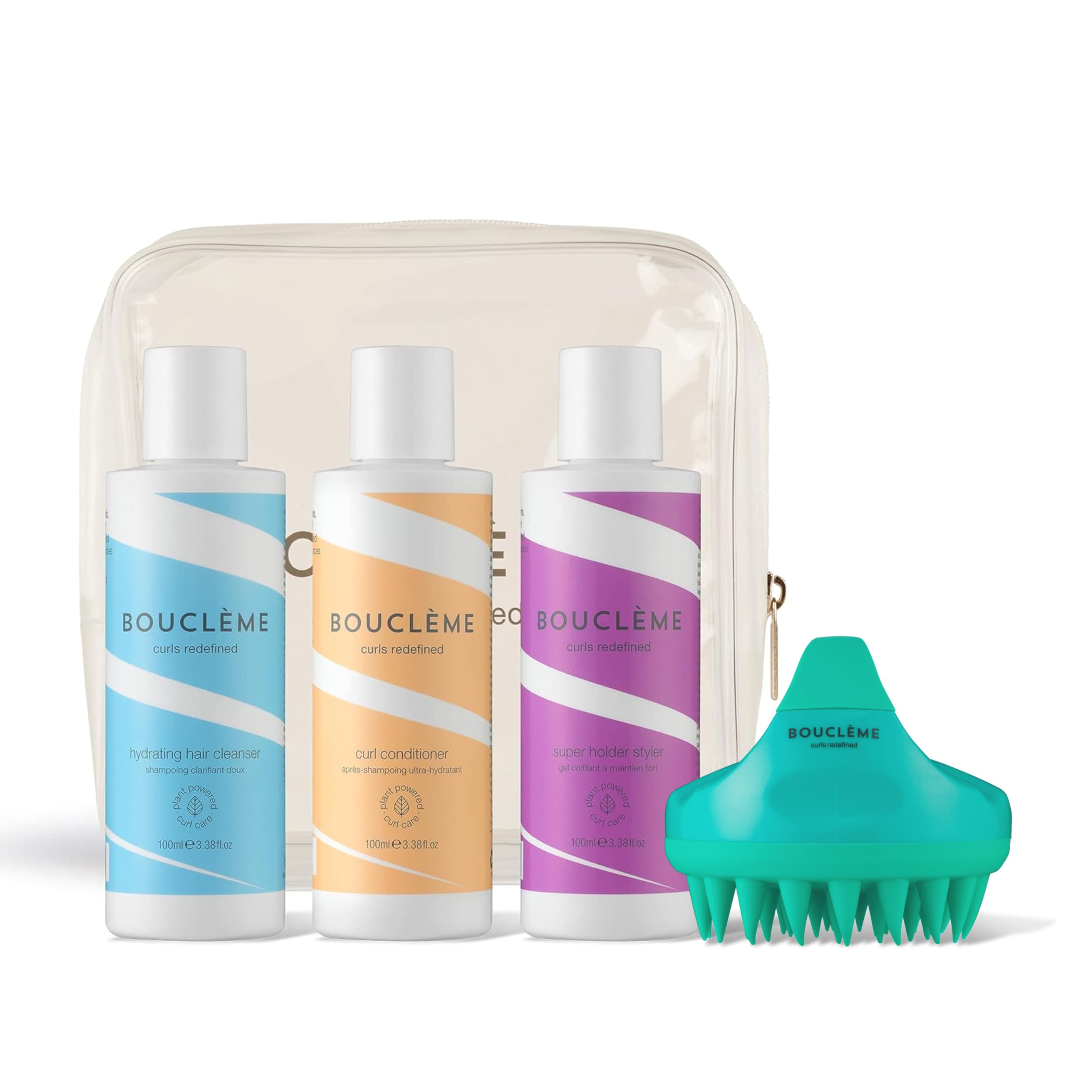 Bouclème Waves Travel Kit - Best Haircare Set for Wavy & Curly Hair - Nourishing Shampoo, Conditioner & Scalp Massager - Perfect for Travel & Daily Use - Stimulating Shampoo Brush for Healthy Waves & Scalp Care