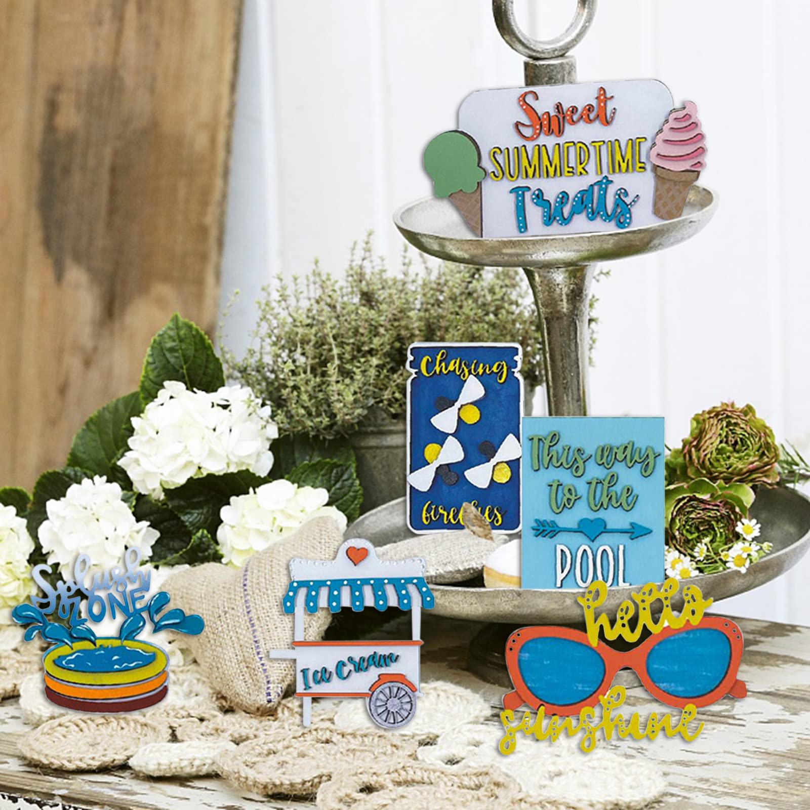 Summer Tiered Tray Decor Set - Beach Party & Farmhouse Wooden Signs for Pool Theme Home Decor | Perfect for Coastal Living, Outdoor Entertaining & Seasonal Tablescapes
