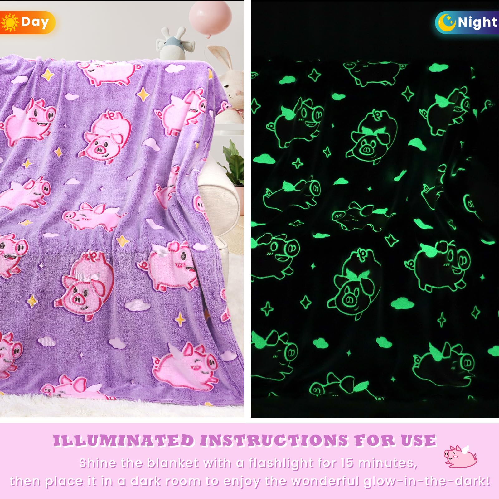 Glow in The Dark Pink Pig Fleece Blanket - Soft Cute Animal Throw for Girls & Kids - Perfect for Bedroom Decor, Birthday & Christmas Gifts - Cozy for Sleepovers, Movie Nights & Winter Snuggles