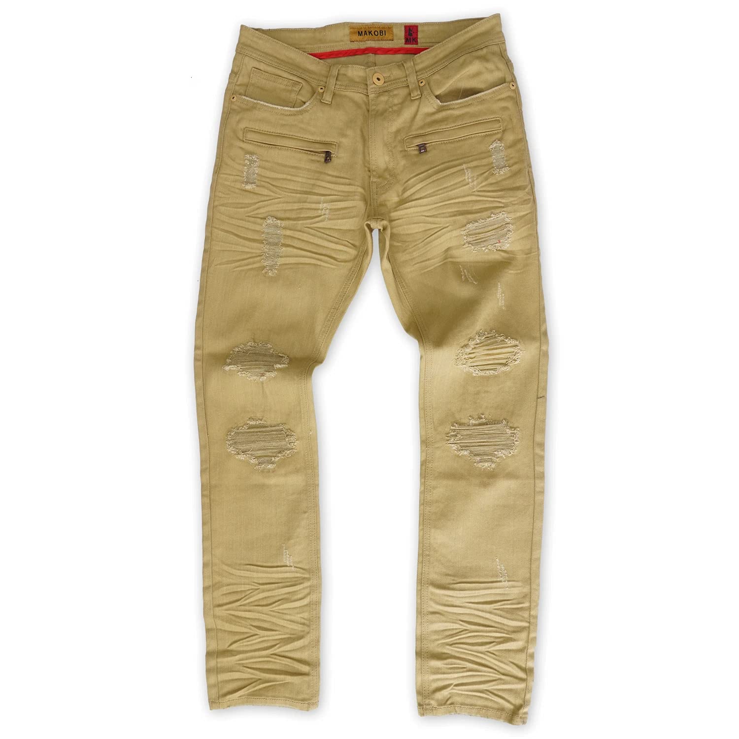 Makobi Khaki Rochester Coded Shredded Jeans for Men - Distressed Denim Pants with Unique Coding Design - Perfect for Streetwear, Casual Outfits & Urban Fashion