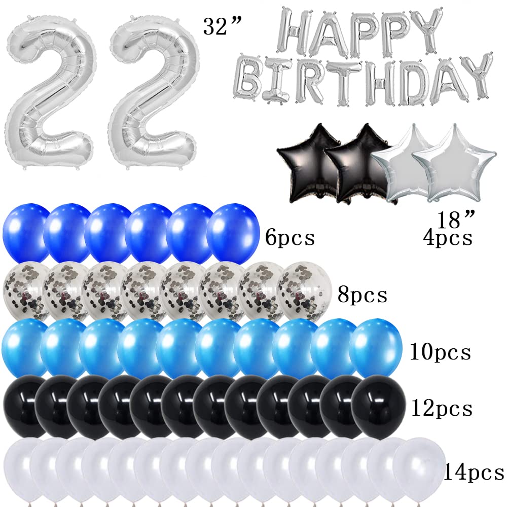 22nd Birthday Party Decorations Set - Happy Birthday Foil Banner, Number 22 & Star Balloons, 47pcs Silver & Blue Latex Balloons for Adult Birthday Celebration, Graduation Party, Anniversary Decorations