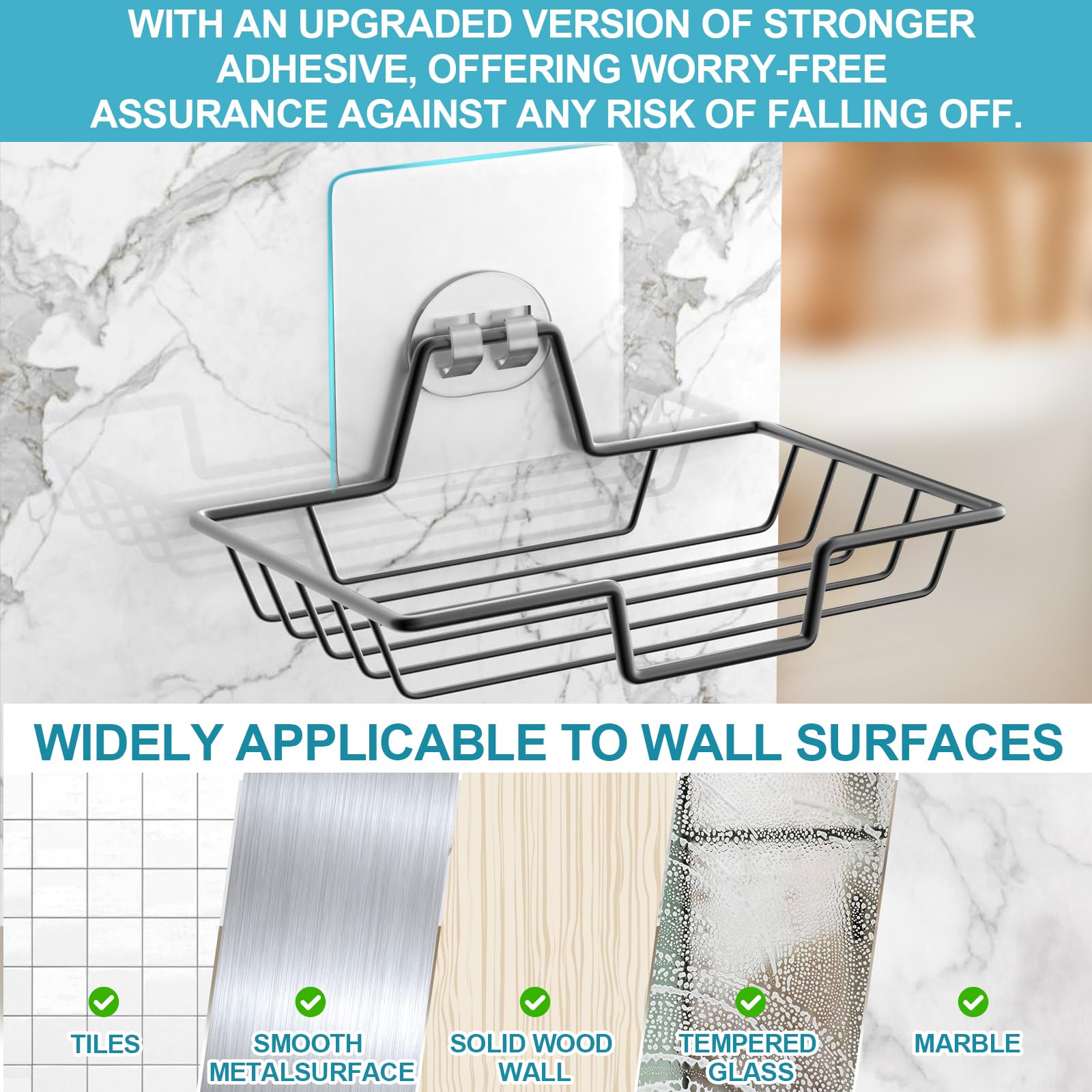 Stainless Steel Soap Dish Holder - No Drill Wall Mount Soap Bar & Sponge Tray - Rustproof 304 Steel for Shower, Kitchen, Bathroom - Farmhouse Style Black Soap Tray - Perfect for Home, RV, Camper & Outdoor Use