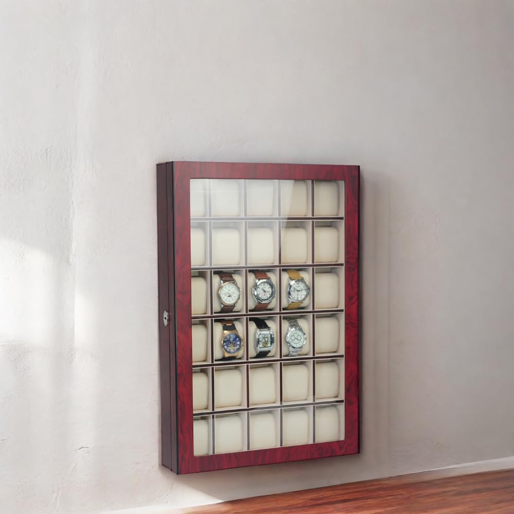 30-Piece Cherry Wood Watch Display Case - Wall Hanging & Tabletop Storage Organizer Box with Stand | Perfect for Watch Collectors, Jewelry Organization & Father's Day Gifts