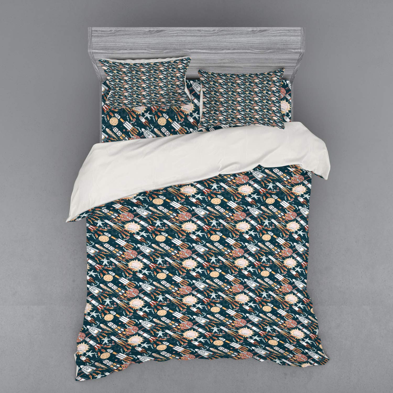 Ambesonne Spaceship Duvet Cover Set - Hand Drawn Space Exploration Theme with Alien Planets Cartoon Design | 4-Piece Queen Size Bedding Set Includes Shams & Fitted Sheet | Perfect for Kids' Rooms, Sci-Fi Themed Bedrooms & Space Enthusiasts