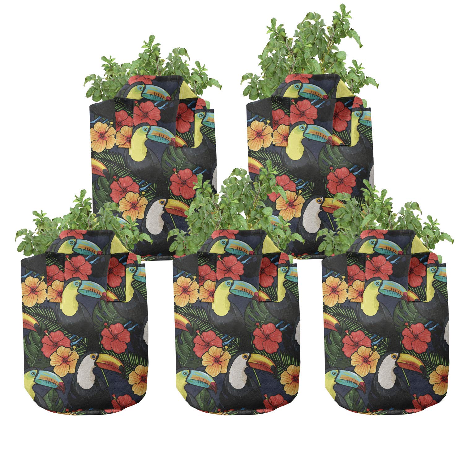 Ambesonne 5-Pack Watercolor Grow Bags - 5 Gallon Heavy Duty Fabric Plant Pots with Handles, Toucan & Hibiscus Design, Multicolor - Perfect for Indoor/Outdoor Gardening, Balcony & Patio Decor