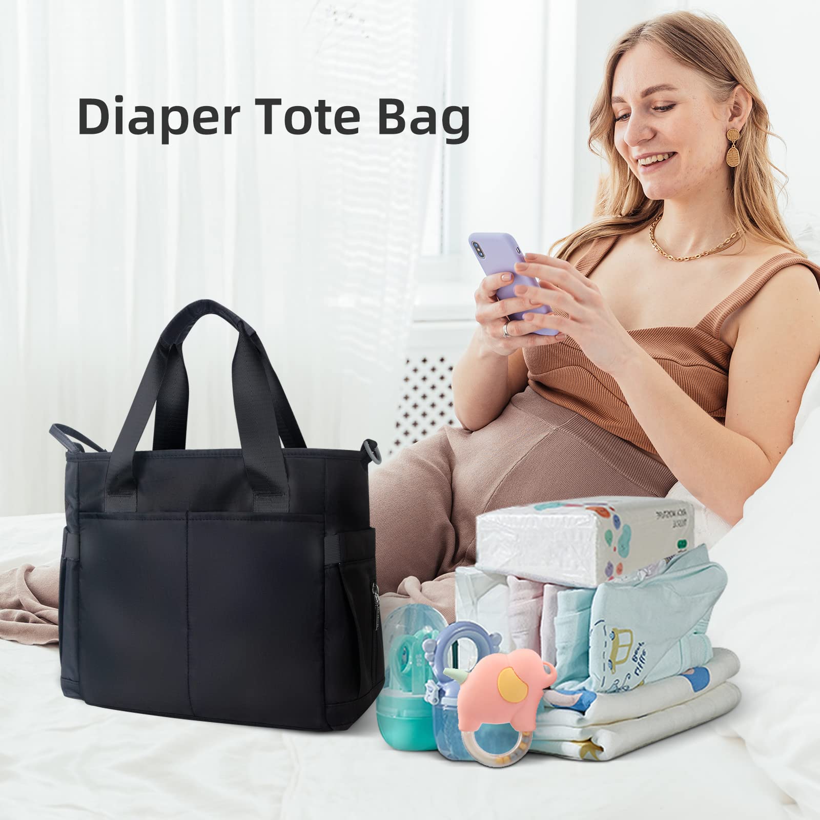Waterproof Diaper Bag for Moms & Dads - Large Multifunctional Travel Tote with Insulated Pockets, Stroller Straps & Changing Pad - Perfect for Daycare, Outings & Baby Essentials (Black)