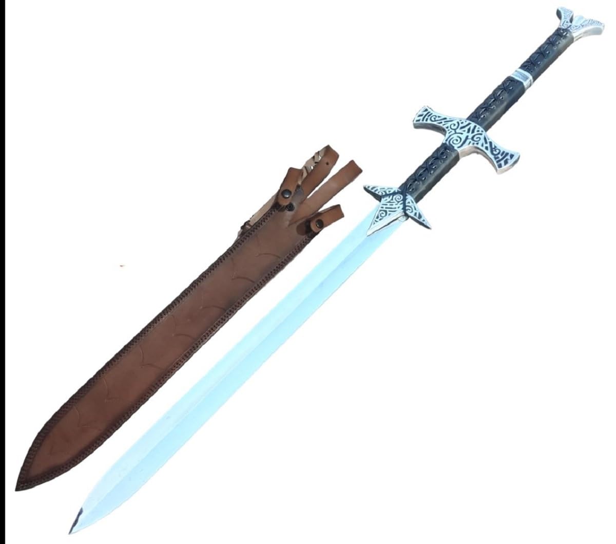 Authentic Medieval Viking Sword - Handmade Spring Steel Blade with Premium Cowhide Leather Sheath & Belt - Perfect for Cosplay, LARP, Historical Reenactment and Collector's Display - Unique Barbarian Sword Gift for Men