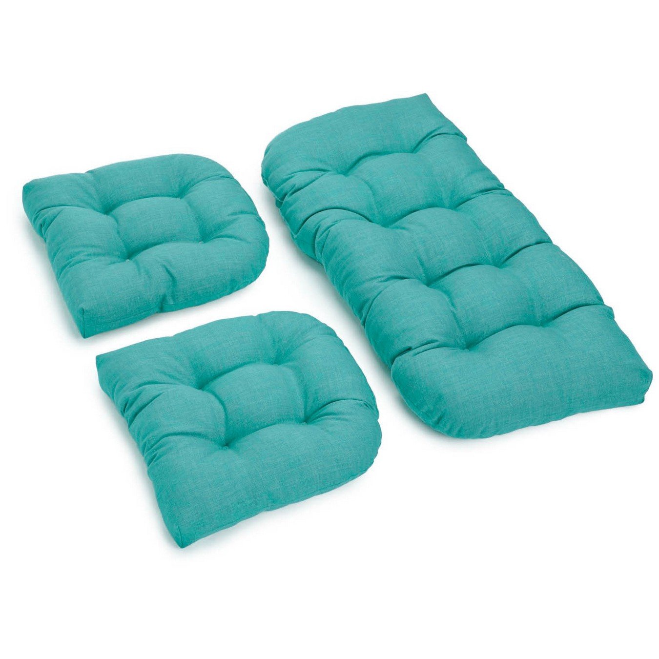 Blazing Needles U-Shaped Solid Spun Polyester Tufted Settee Cushion Set - 3 Piece Aqua Blue Sofa Seat Cushions for Living Room, Patio & Outdoor Furniture - Water Resistant & Comfortable