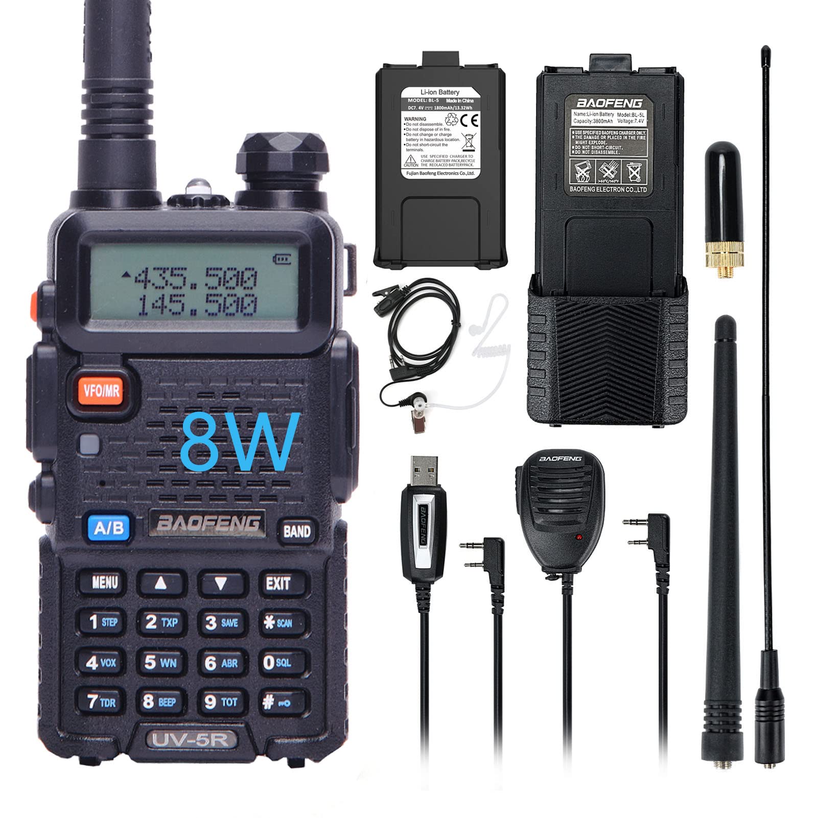 Baofeng UV-5R 8W Dual Band VHF/UHF Ham Radio Walkie Talkie with 3800mAh Battery, Hand Mic, Earphone & High Gain Antenna - Perfect for Outdoor Adventures, Emergency Communication, and Security Teams