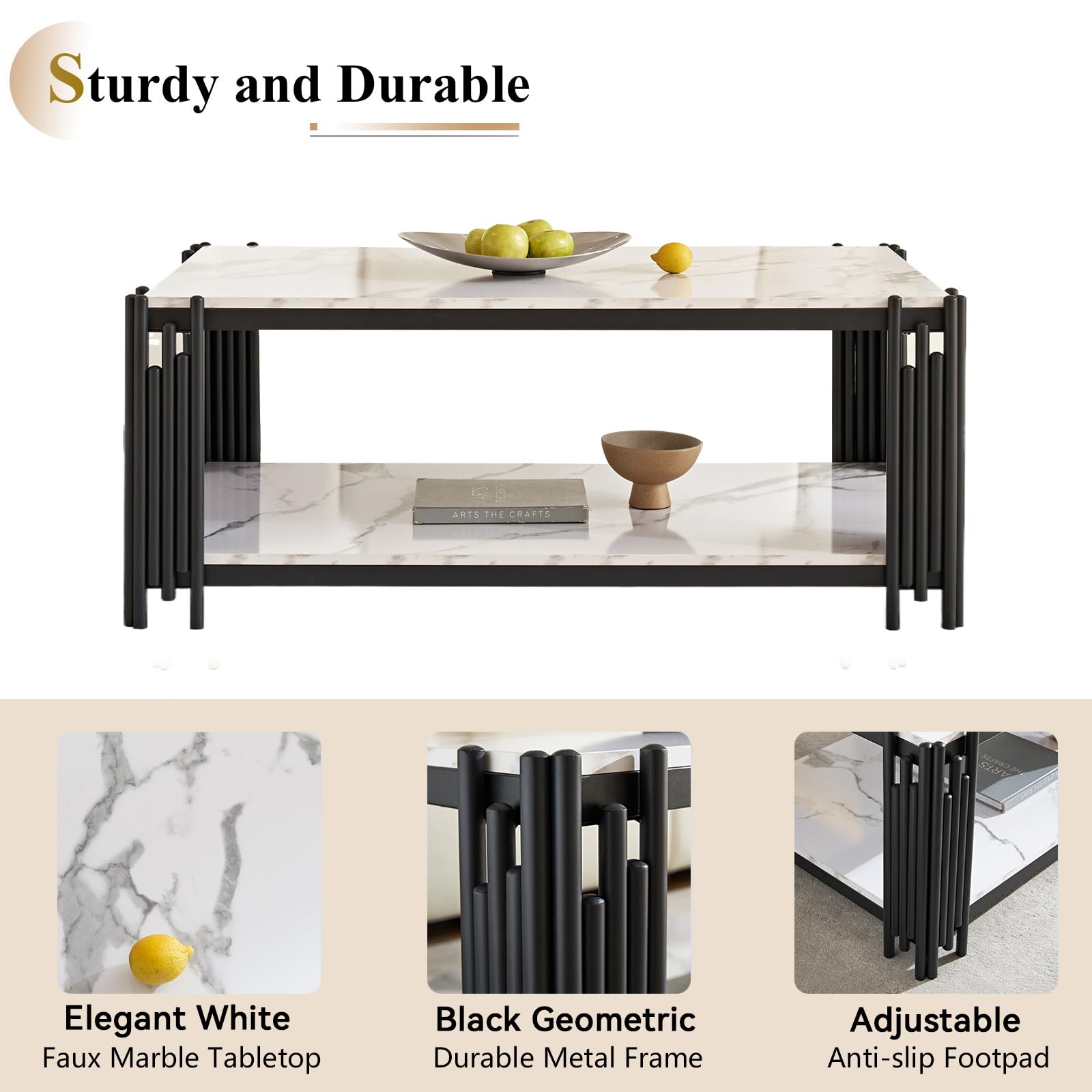 Elegant White Faux Marble Coffee Table Set with Black Metal Frame - 2 Piece Living Room Furniture (1 Rectangle Coffee Table & 1 Console Table) for Modern Home Decor, Living Room, Lounge & Office Spaces