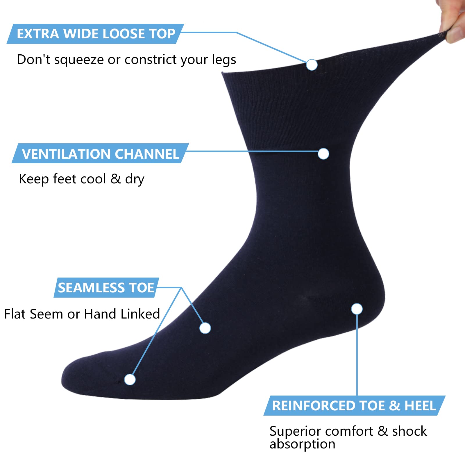 Forcool Non-Binding Diabetic Socks for Men & Women - Soft Cotton Crew Socks (M/L/XL, 3/6 Pairs) - Comfortable Non-Slip Socks for Diabetes, Circulation & Everyday Wear