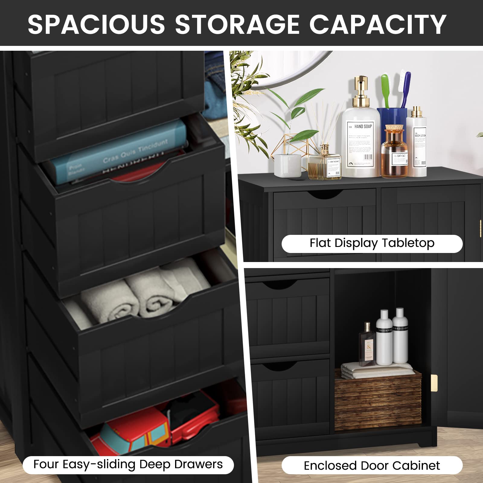 COSTWAY Wooden Bathroom Storage Cabinet with 4 Deep Drawers & Adjustable Shelf - Modern Floor Organizer for Bathroom, Living Room, Kitchen & Entryway - Perfect for Towel Storage, Toiletries Organization & Home Decor (Black)