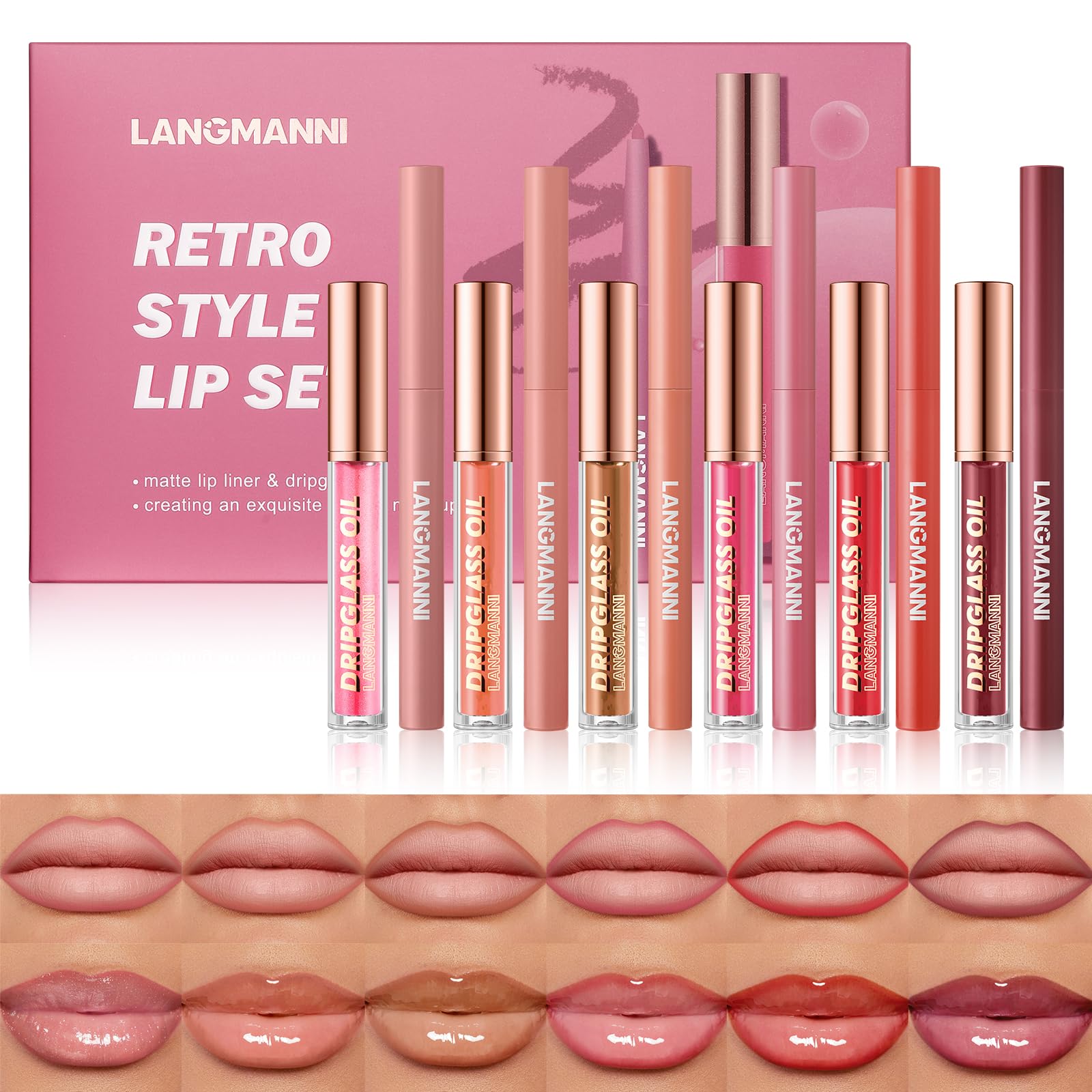 LANGMANNI 6 Matte Lip Liner & 6 Nourishing Lip Oil Gloss Set - Long Lasting Hydrating 2-in-1 Makeup Kit | Perfect for Daily Beauty, Party & Gift for Women & Girls