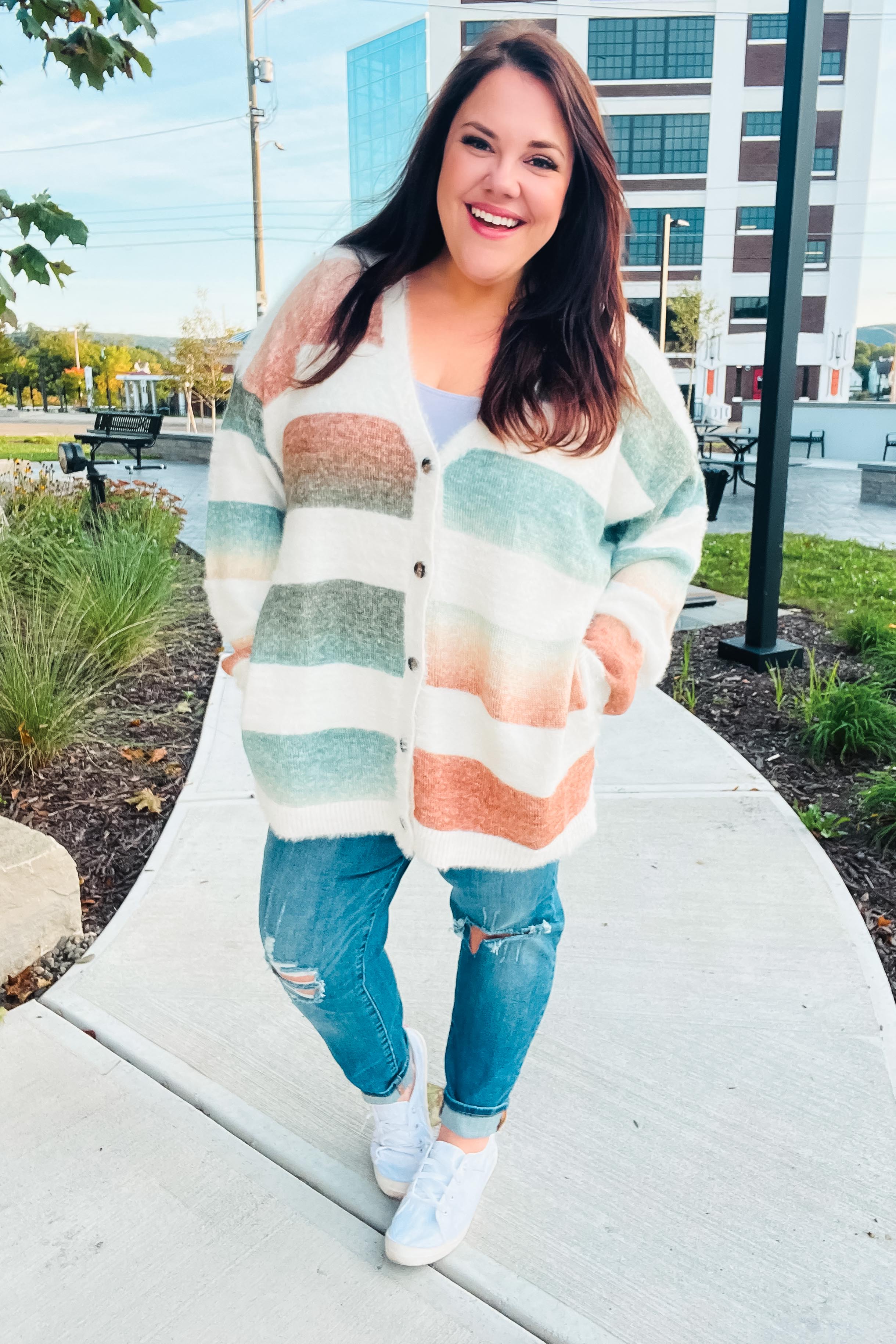 Ivory Striped Button Down Fuzzy Knit Cardigan for Women - Soft Warm Winter Sweater - Perfect for Office, Date Night and Casual Outfits