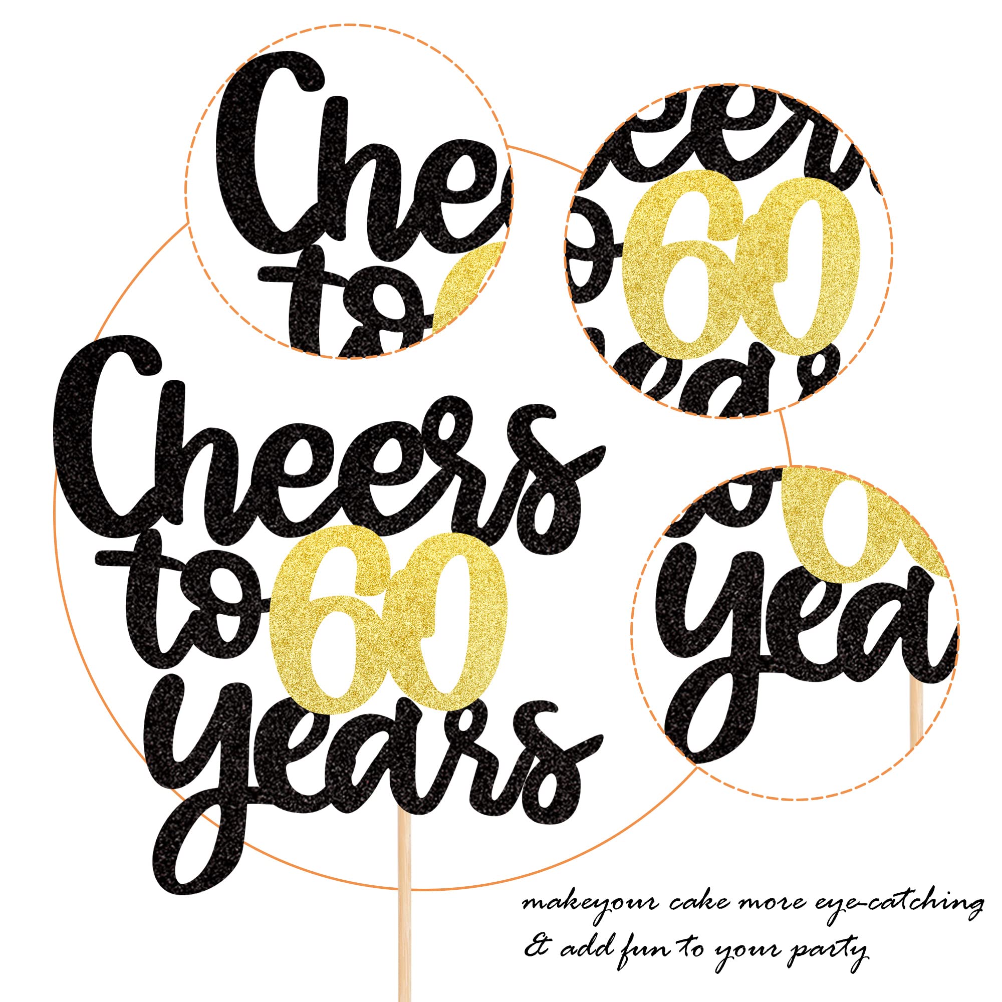 60th Birthday Cake Topper - Black & Gold Glitter Happy 60th Cake Decoration for Anniversary Party Supplies | Perfect for 60th Birthday Celebrations, Retirement Parties & Milestone Events